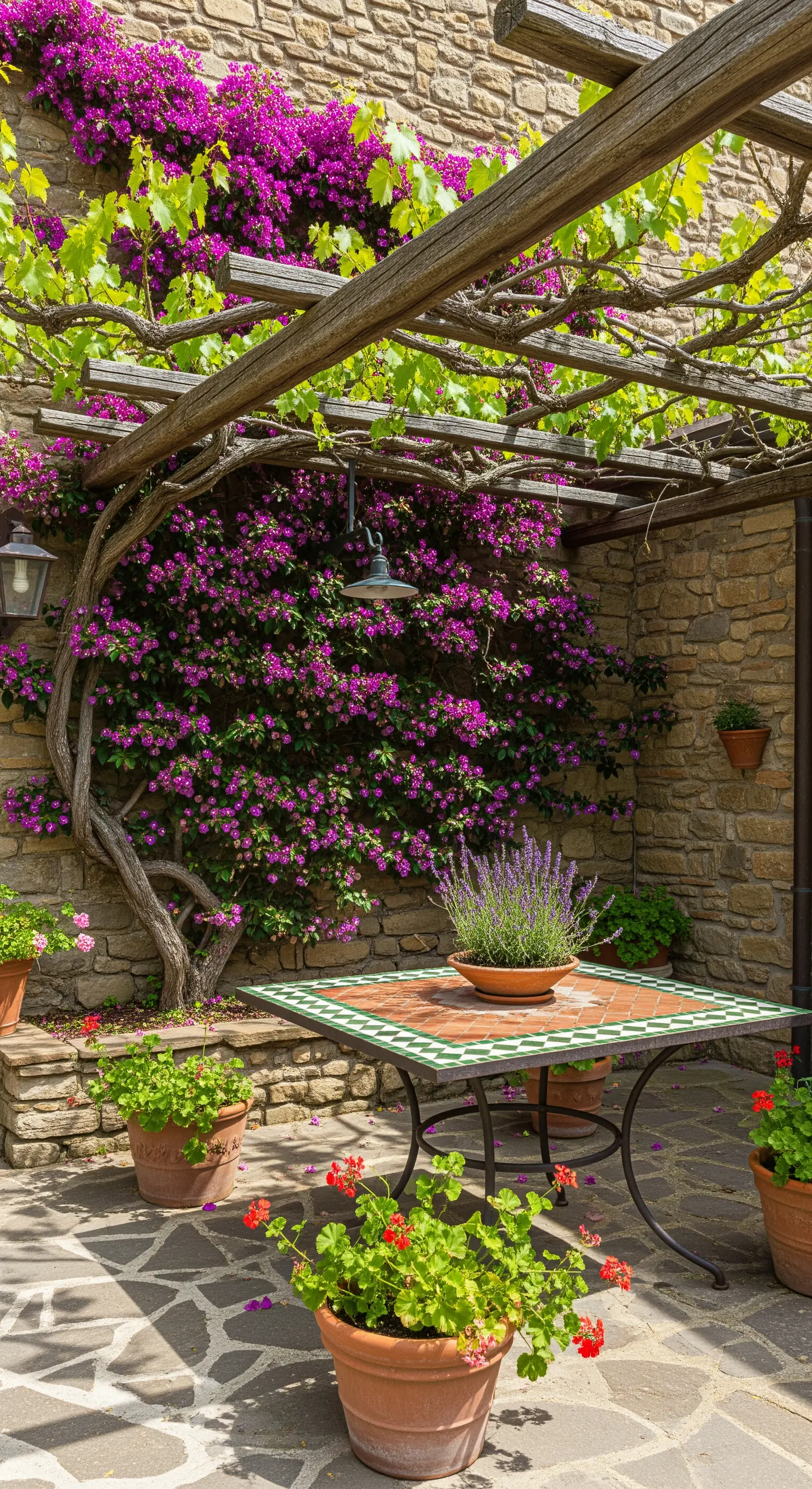 Cortile rustico con tavolo in mosaico, bouganville e pergola in legno grezzo.