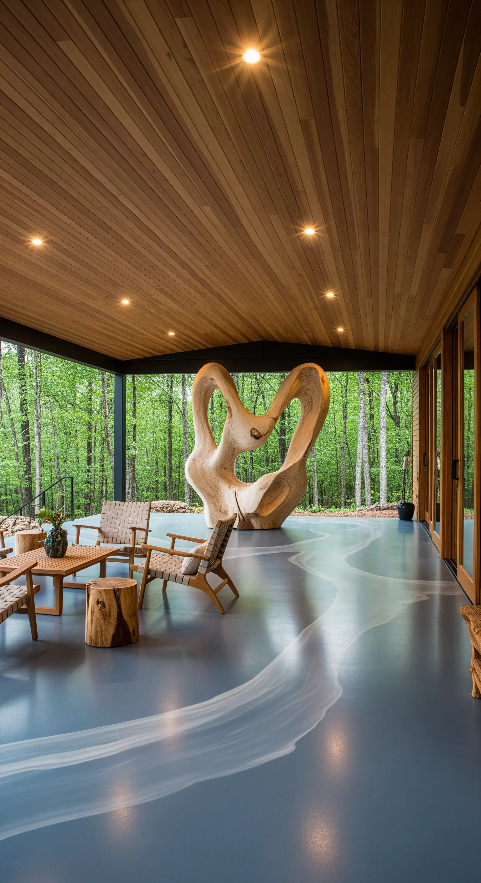 Portico con pavimento in resina grigia decorata, scultura in legno e vista sul bosco.