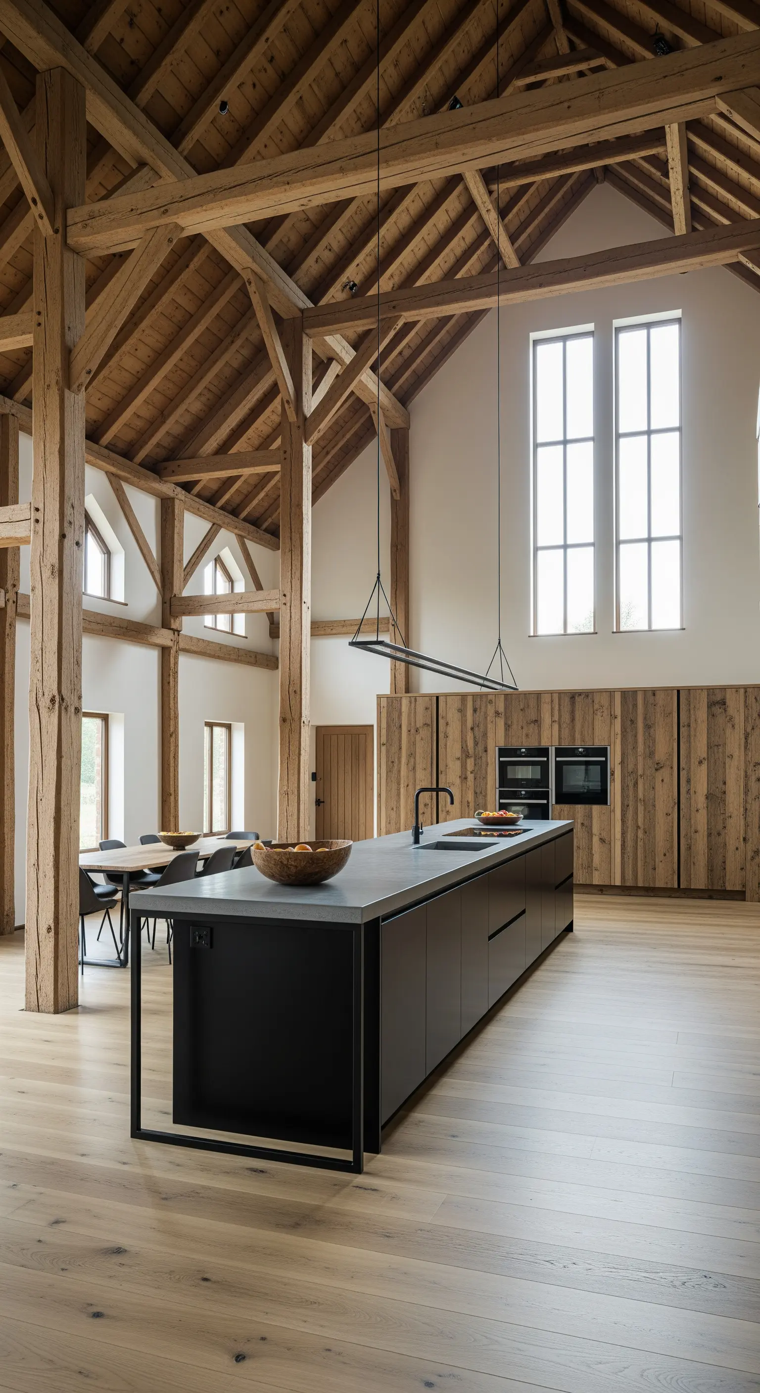 Cucina in un fienile ristrutturato con soffitto a travi, isola nera minimale e pareti in legno.