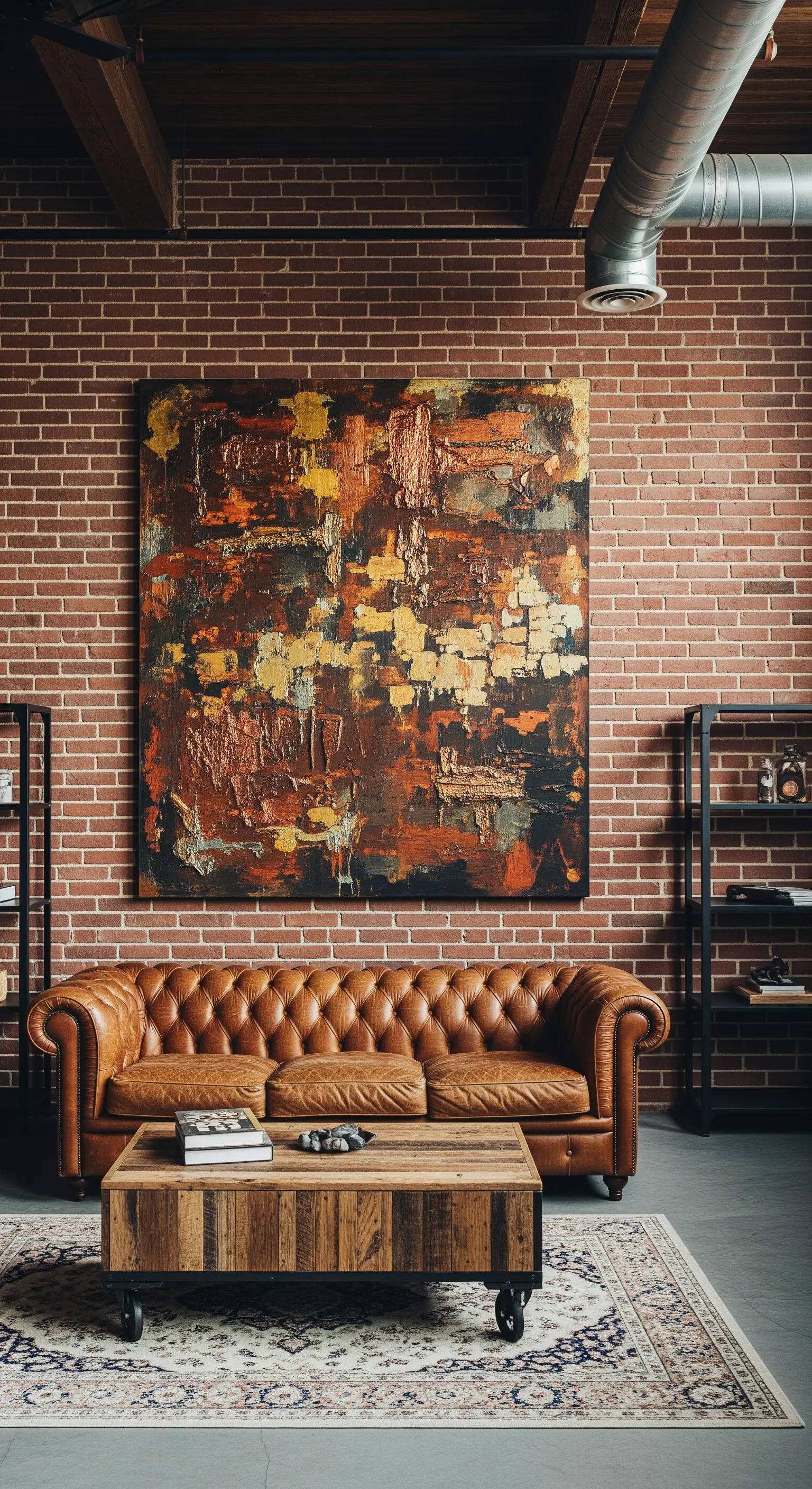 Quadro materico con toni caldi appeso su una parete di mattoni sopra un divano chesterfield.