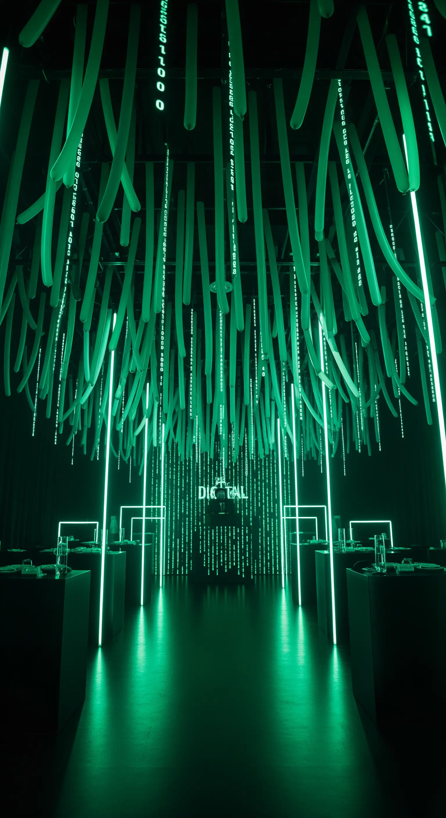 Sala scura con installazione di lunghi palloncini verdi sospesi e luci a LED lineari.