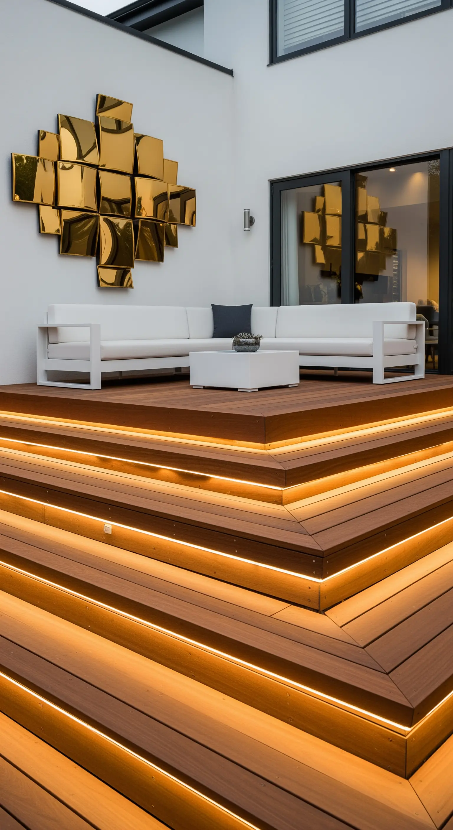 Terrazza in legno a più livelli con gradini illuminati da LED e scultura dorata a parete.