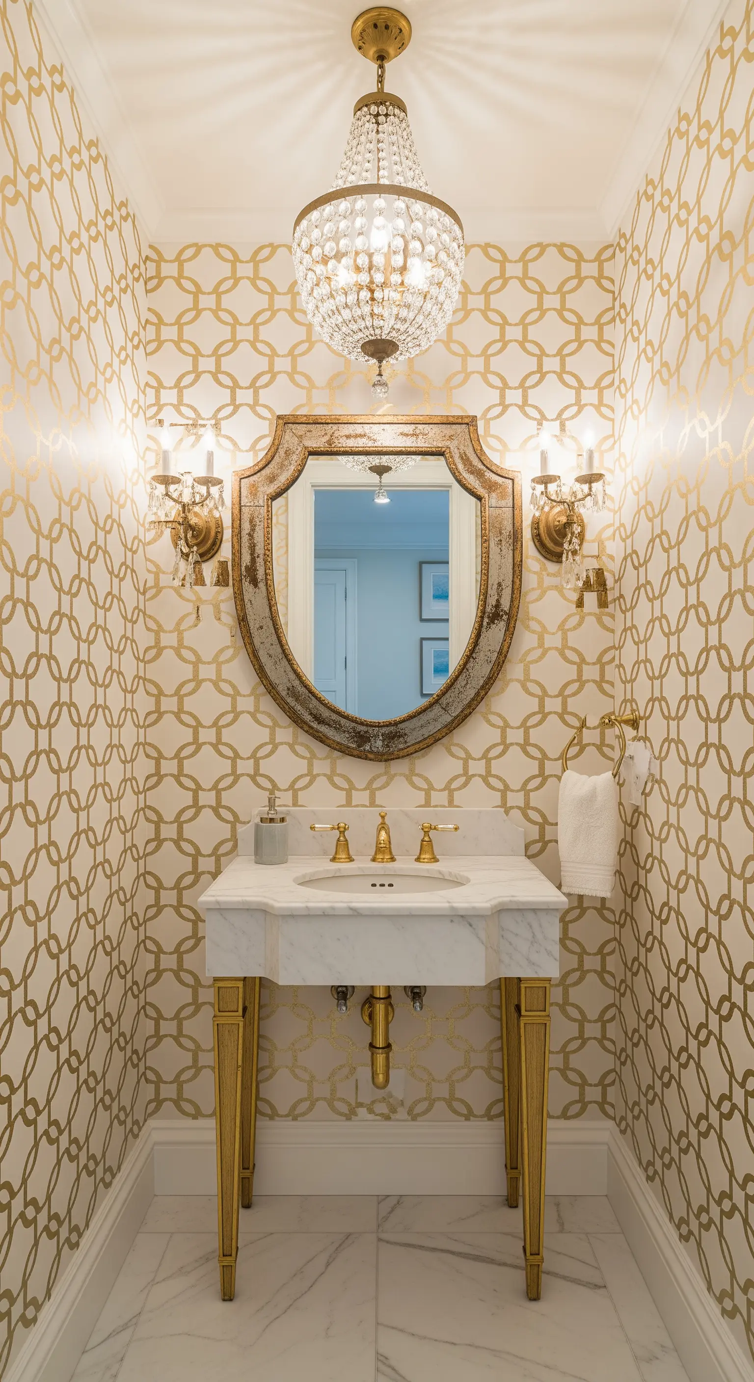 Bagno di servizio con carta da parati geometrica oro e bianca, e un piccolo lampadario di cristallo.