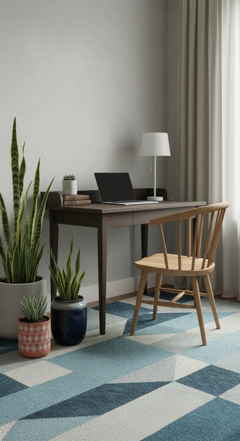 Scrivania in legno scuro con sedia Windsor e un grande tappeto con motivo geometrico blu.