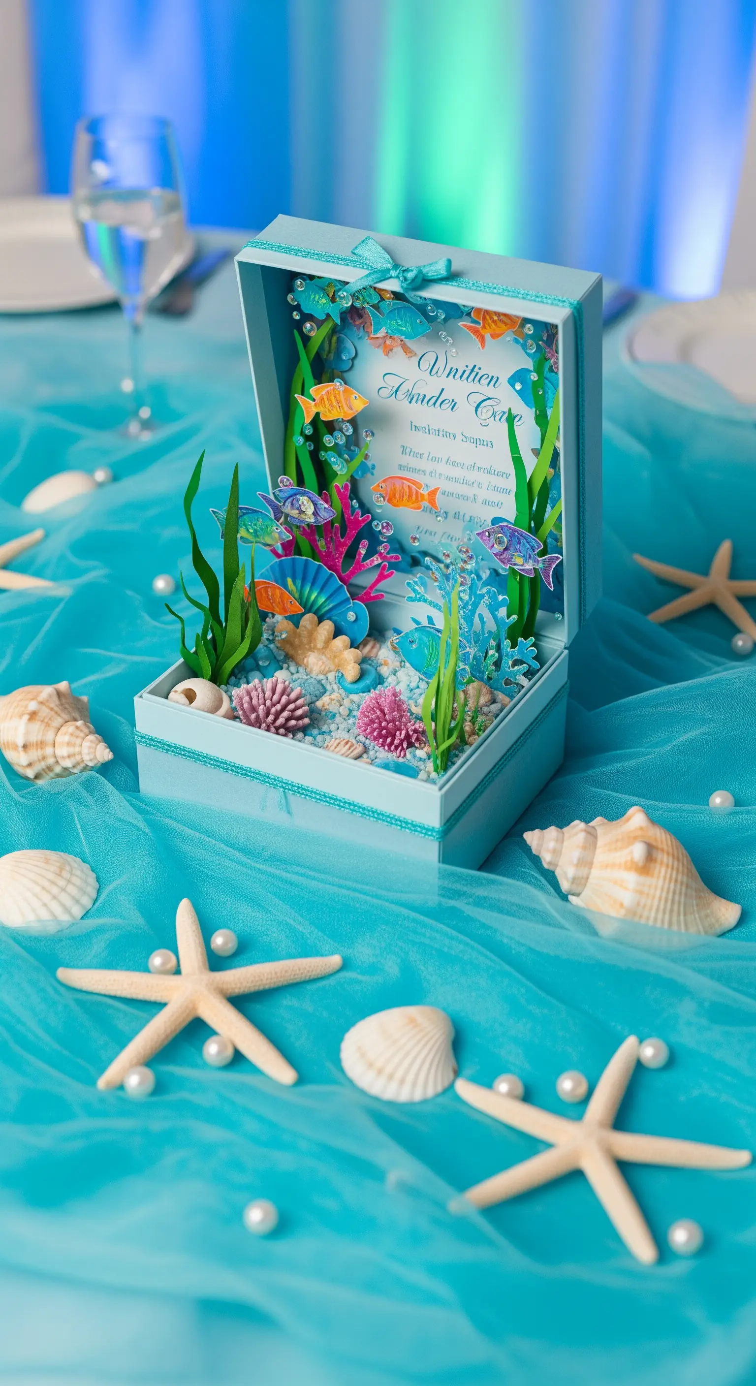 Invito pop-up a tema sottomarino in una scatola azzurra, con pesci e coralli colorati.