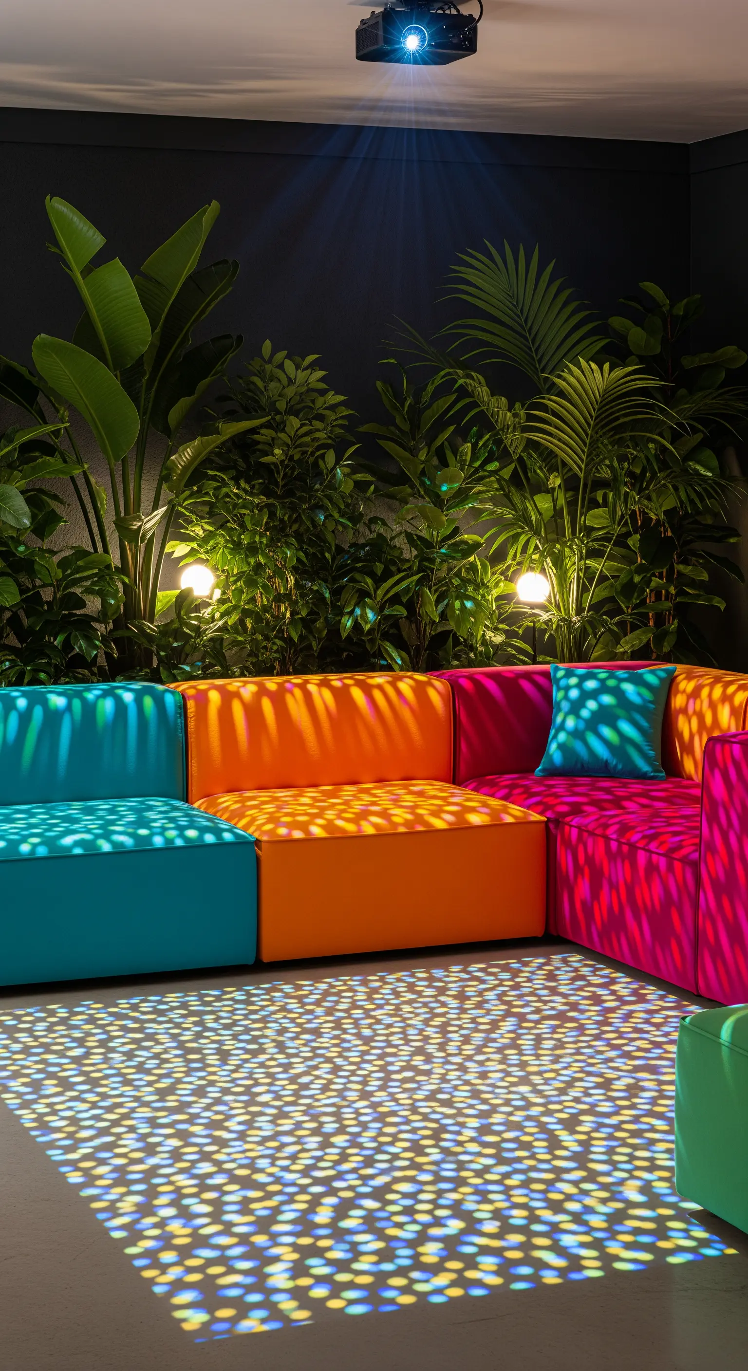 Divano modulare multicolore in uno spazio esterno buio, illuminato da un proiettore che crea un pattern a pois.