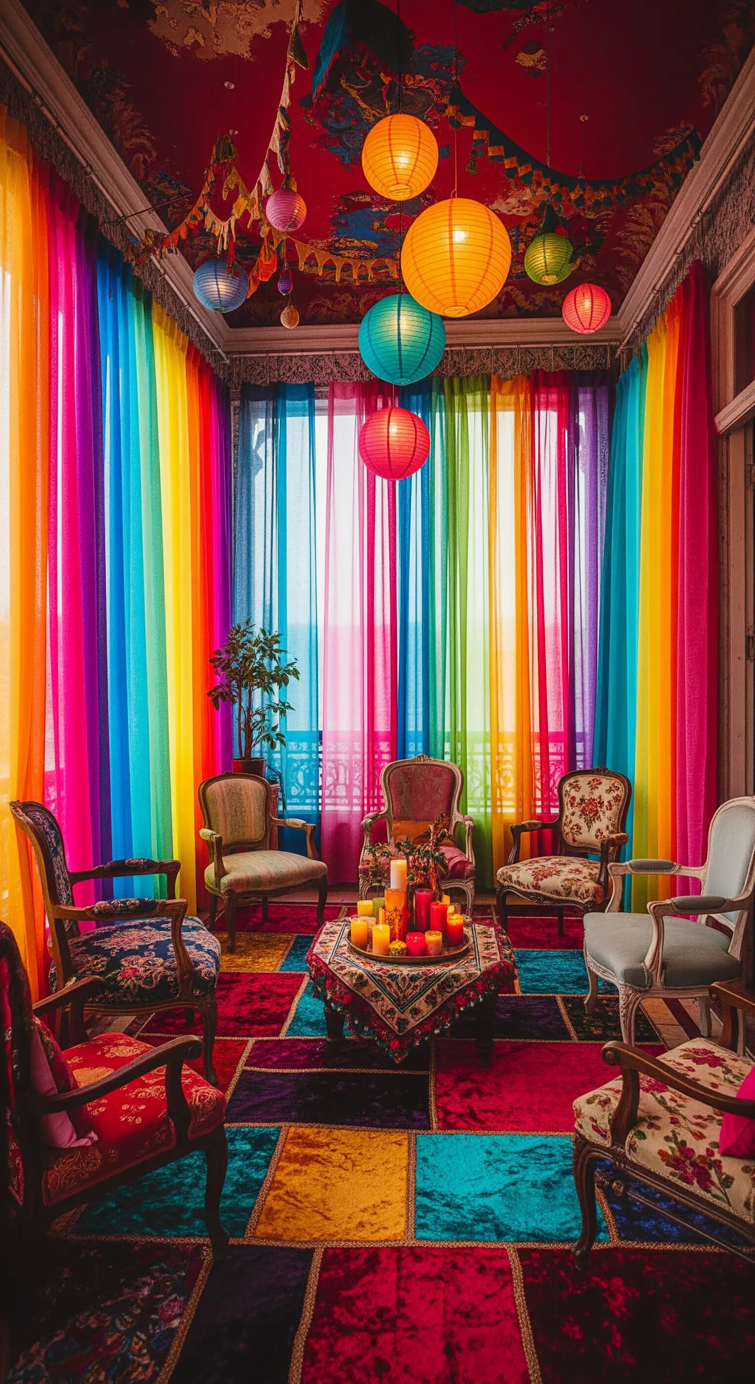 Stanza eclettica e coloratissima con tende arcobaleno, sedie vintage e lanterne di carta.