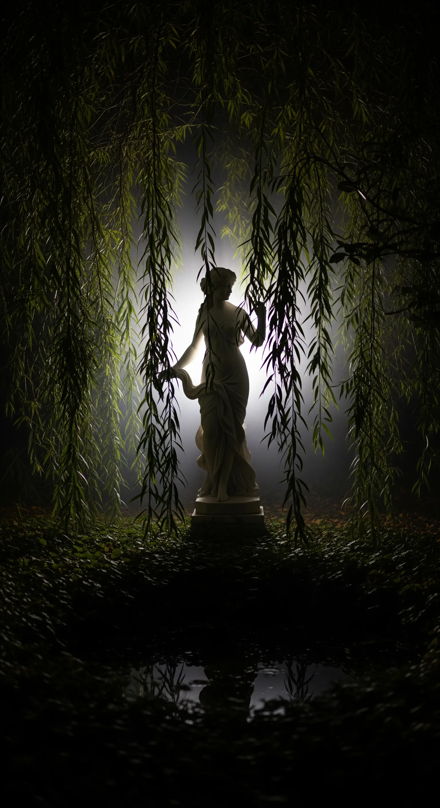 Statua di ninfa in controluce, stagliata contro un fascio di luce bianca tra i rami di un salice piangente.