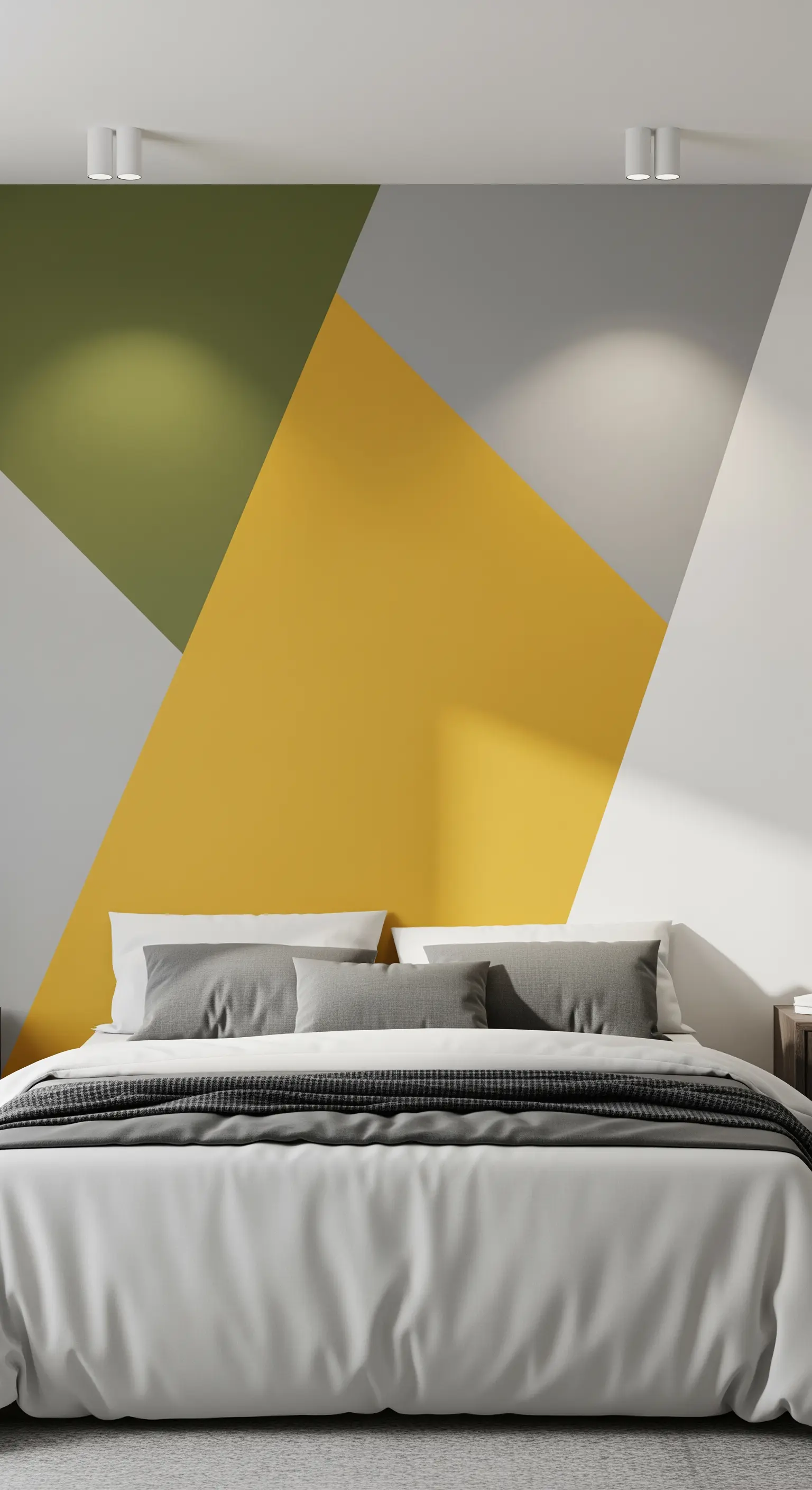 Parete dietro al letto dipinta con un motivo geometrico astratto in senape e verde oliva.