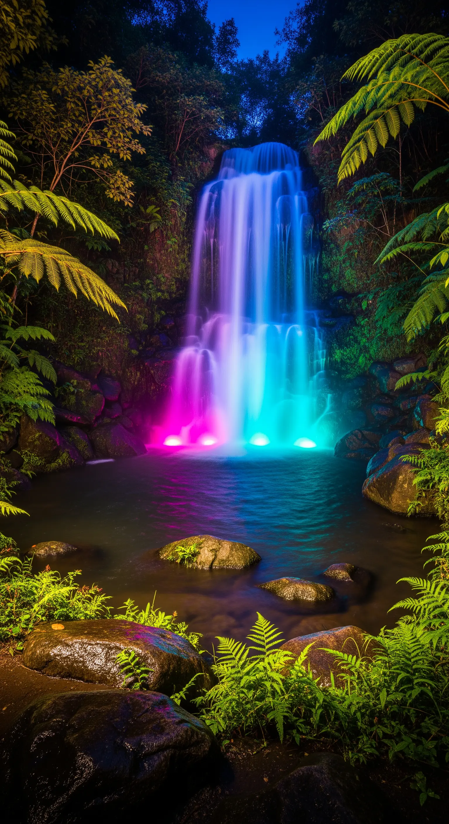 Cascata in un ambiente tropicale illuminata alla base con luci colorate fucsia e ciano.