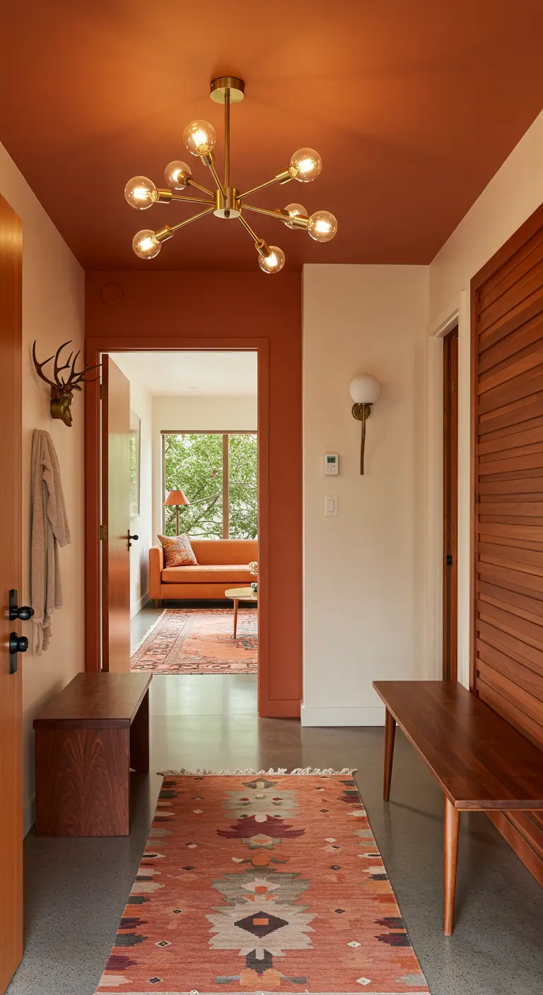 Ingresso con soffitto e cornici delle porte color terracotta, pareti bianche.