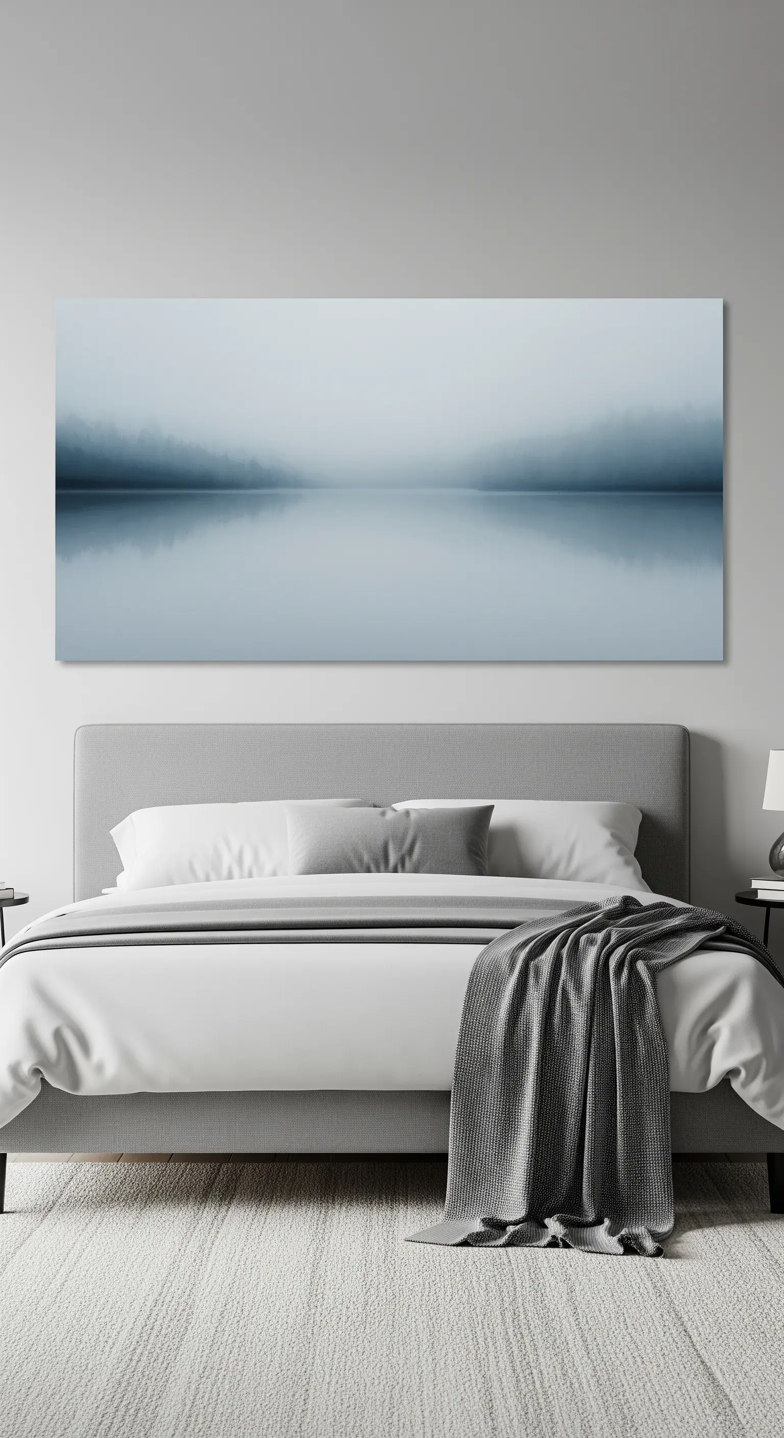 Quadro panoramico con un paesaggio lacustre nebbioso sui toni del grigio, in una camera minimale.