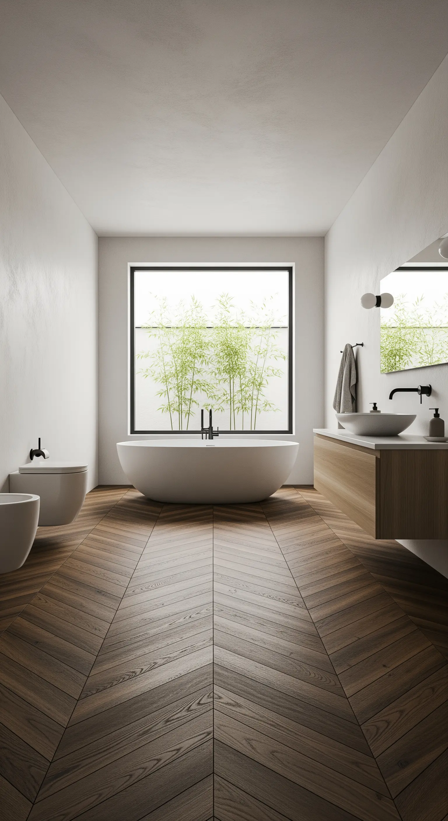 Bagno minimalista con parquet a spina di pesce, vasca freestanding e grande finestra con bambù.