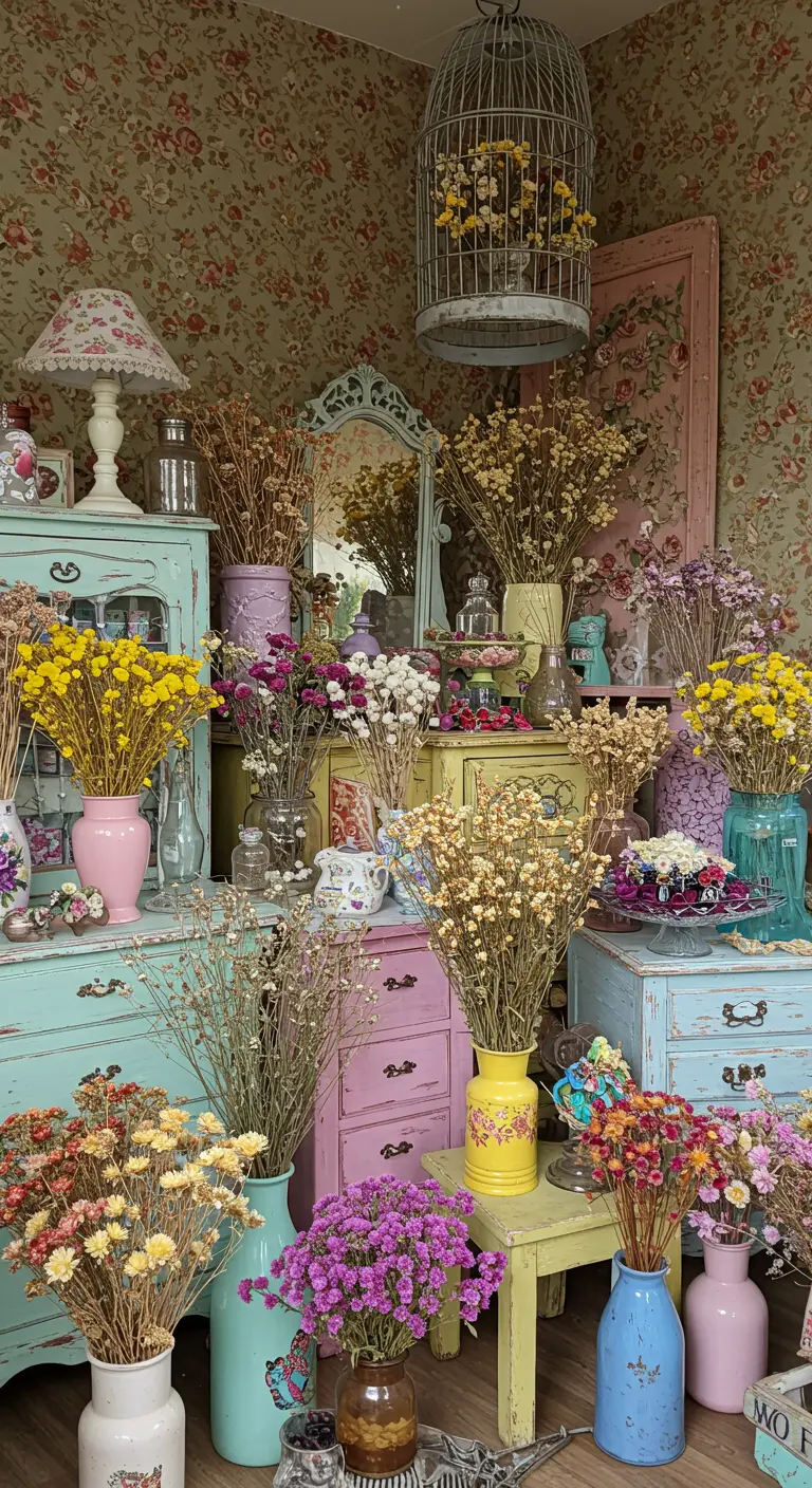 Angolo di una stanza pieno di mobili pastello e vasi colorati con fiori secchi di ogni tipo.