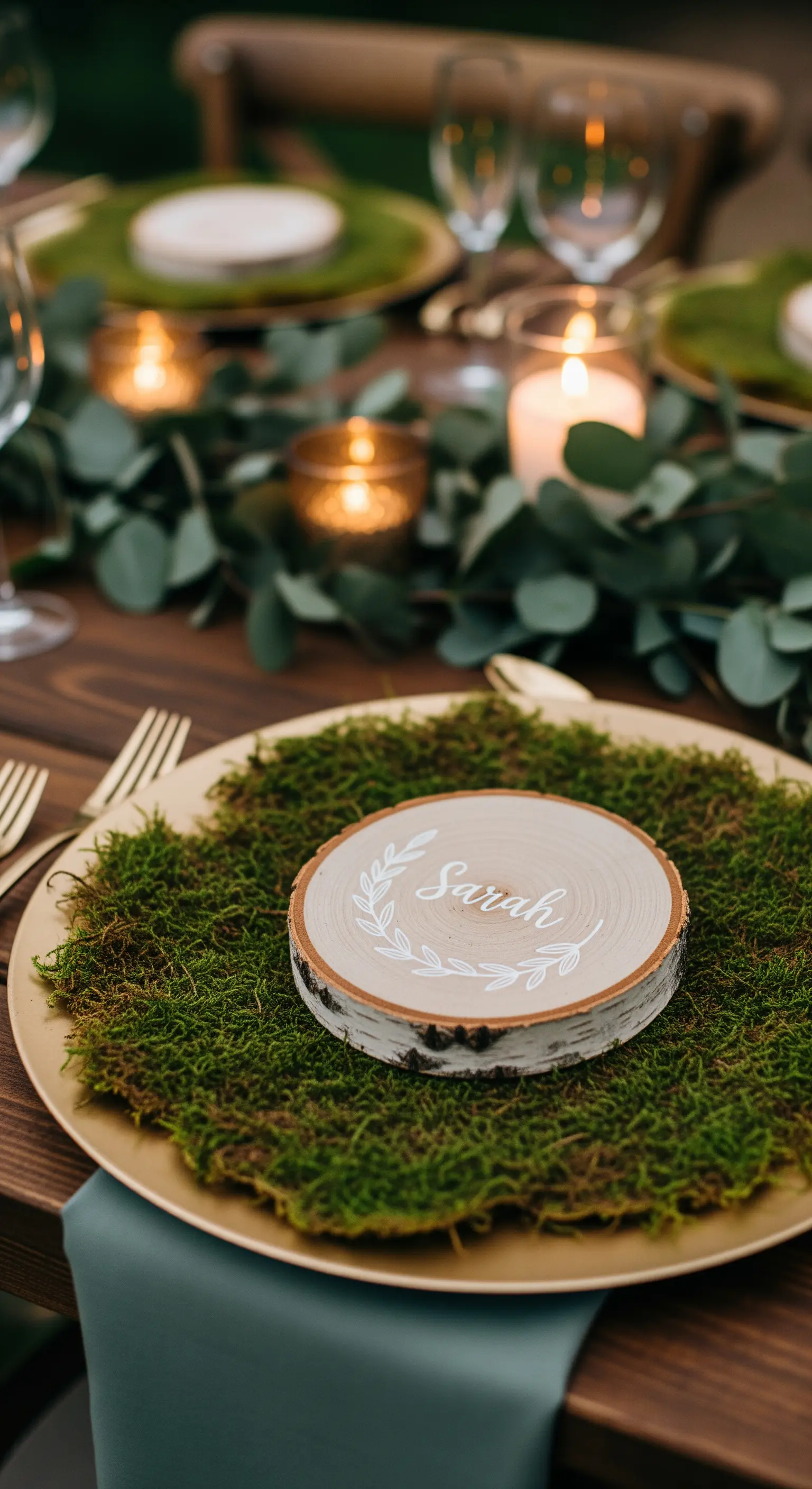 Segnaposto rustico con fetta di legno di betulla personalizzata su un letto di muschio.