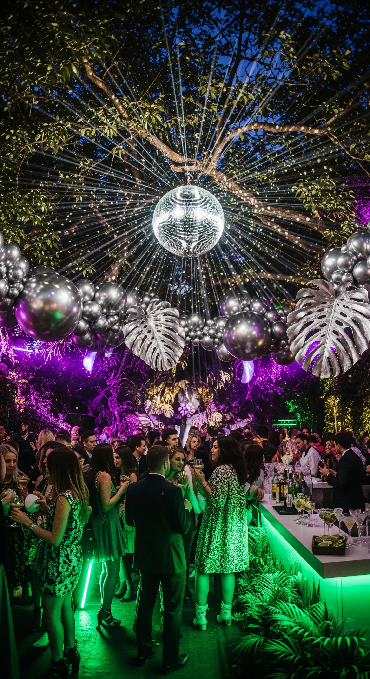 Festa notturna in giardino con disco ball, palloncini argentati e luci colorate.