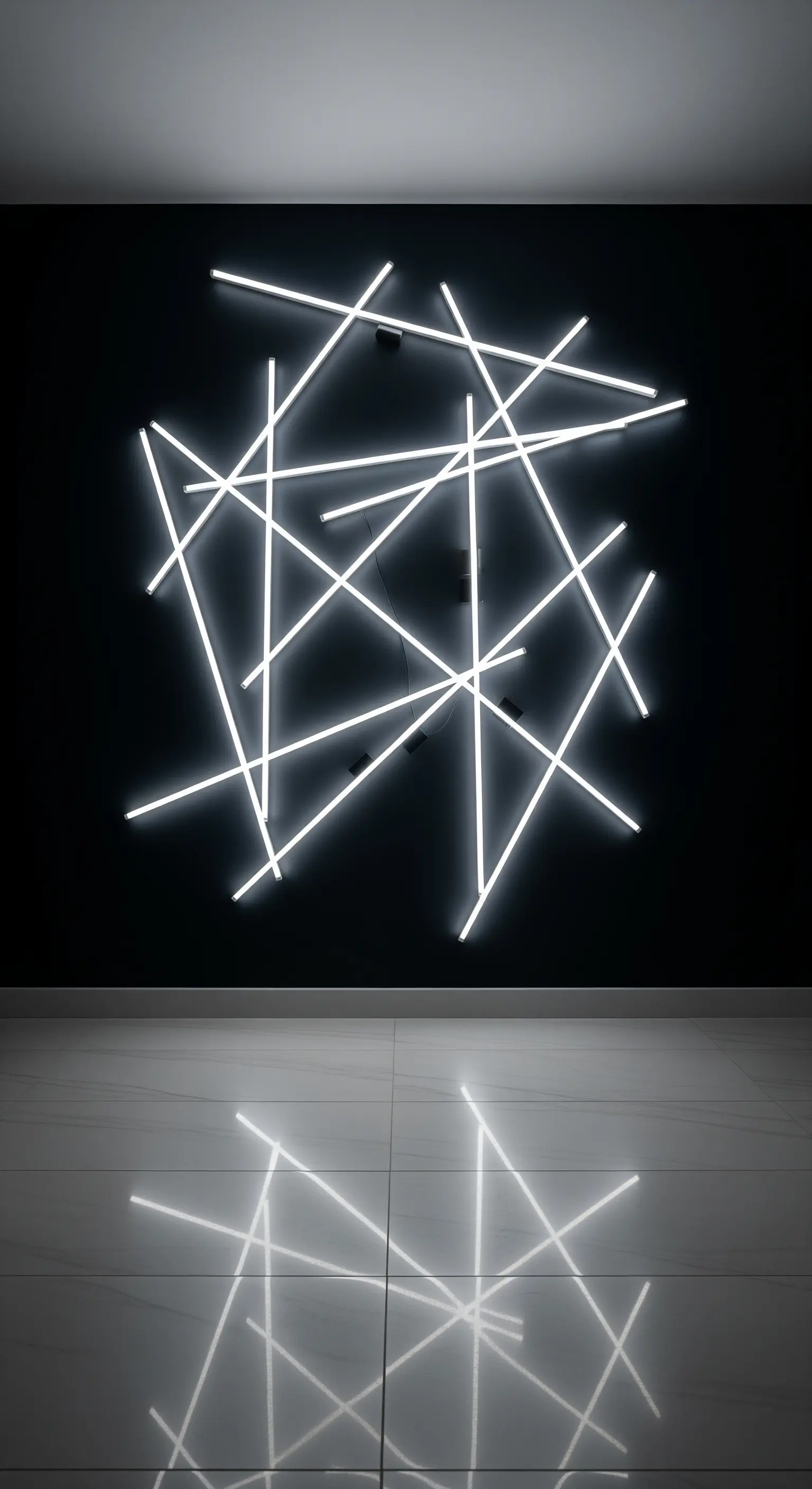 Installazione luminosa con tubi a led bianchi incrociati su una parete nera in un ambiente buio.