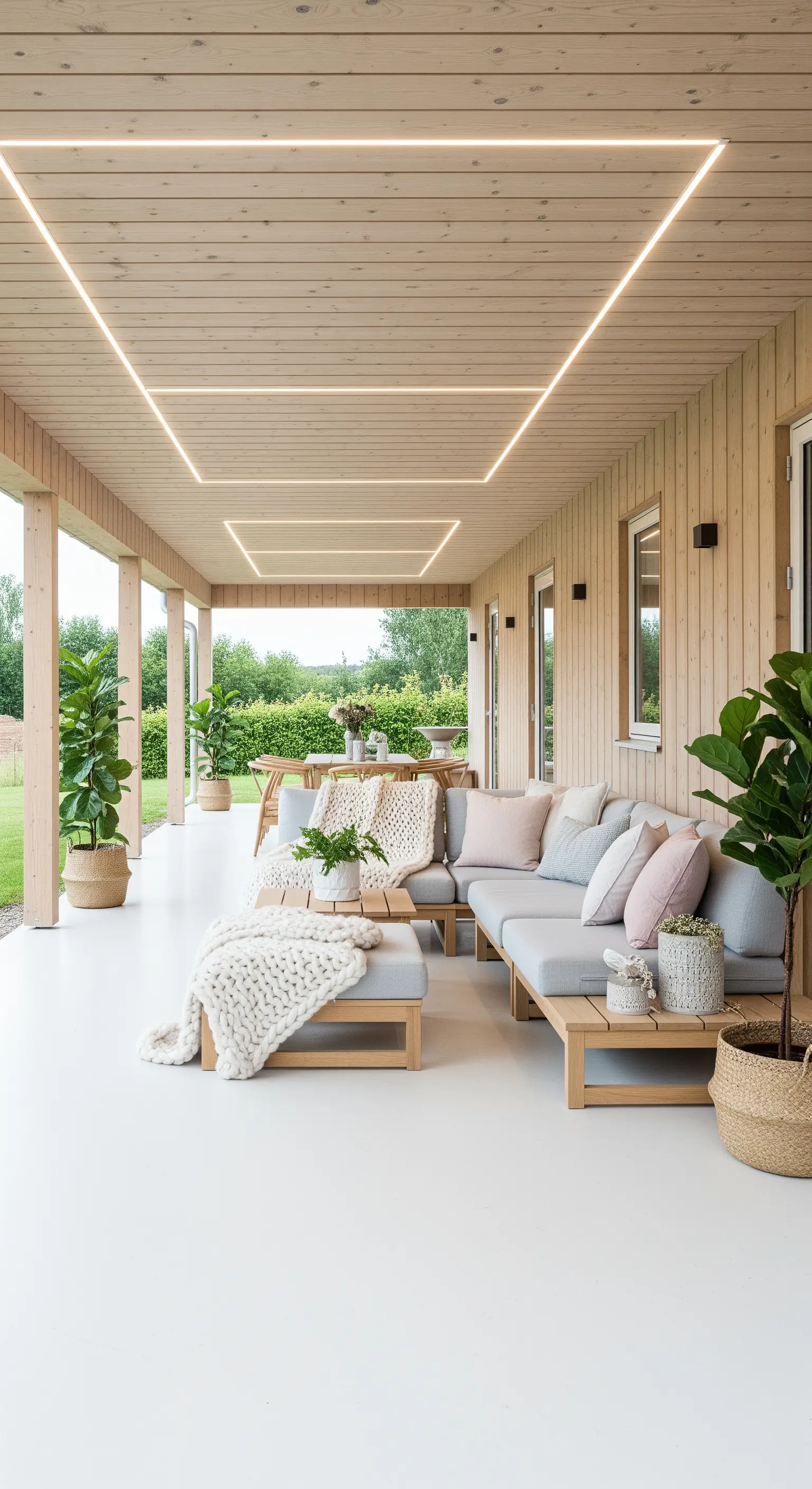 Portico in legno chiaro con illuminazione LED geometrica a soffitto e divano grigio con cuscini