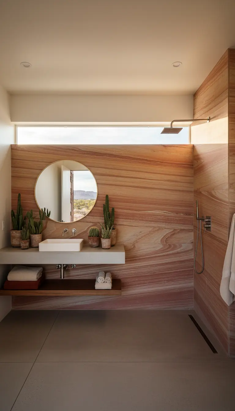 Bagno con parete doccia in pietra arenaria a venature orizzontali e piante di cactus.