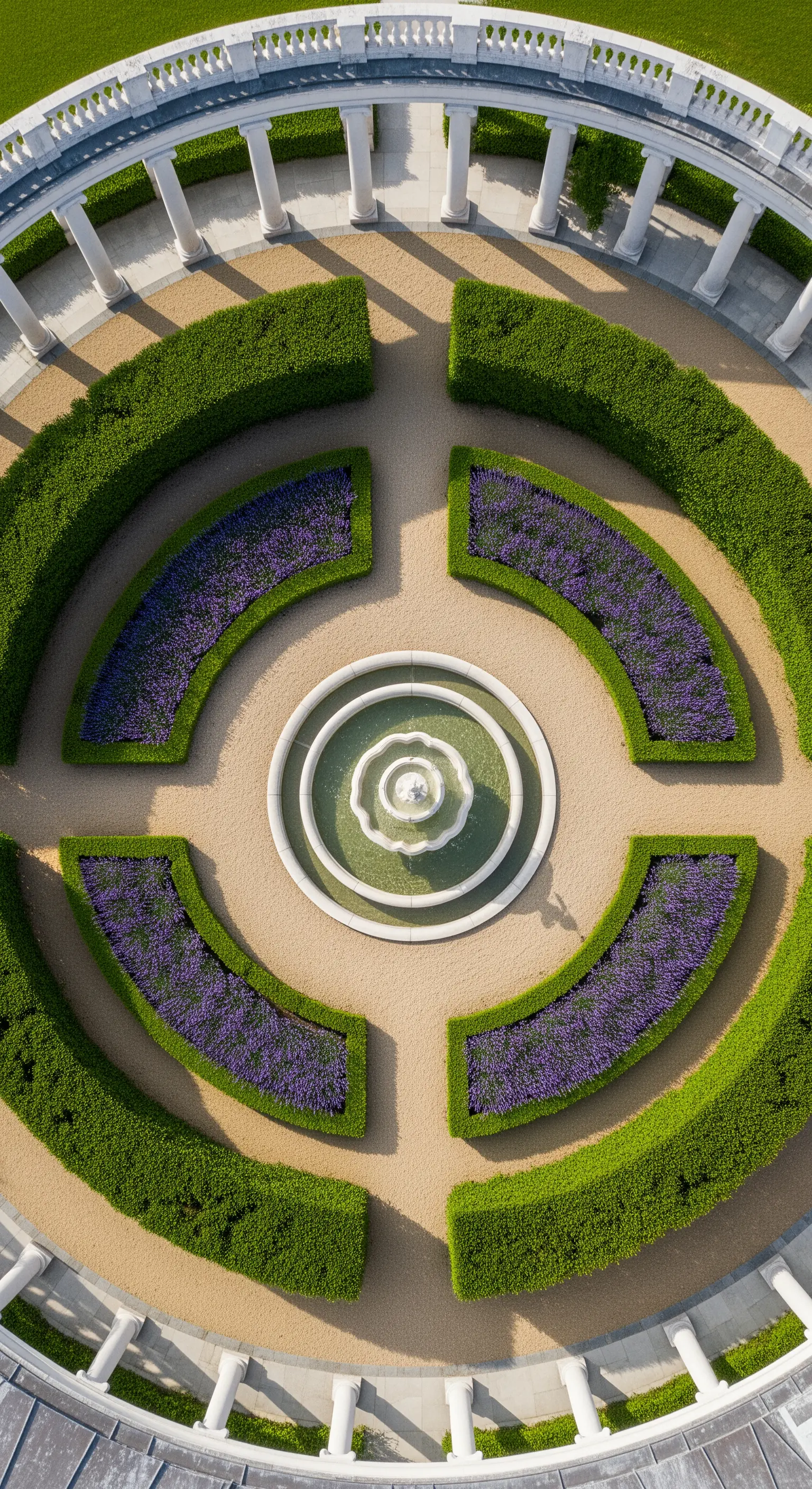 Giardino circolare con aiuole di lavanda, una fontana e un colonnato bianco.