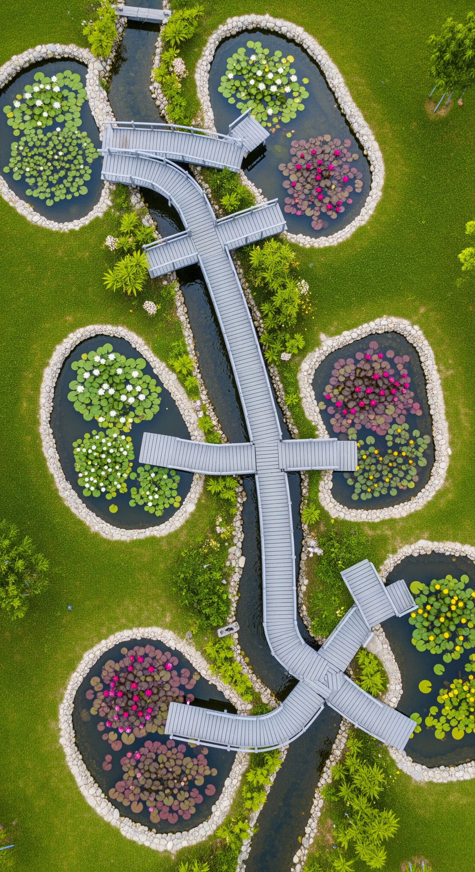 Vista aerea di un complesso sistema di laghetti e ponti grigi che creano percorsi sull'acqua