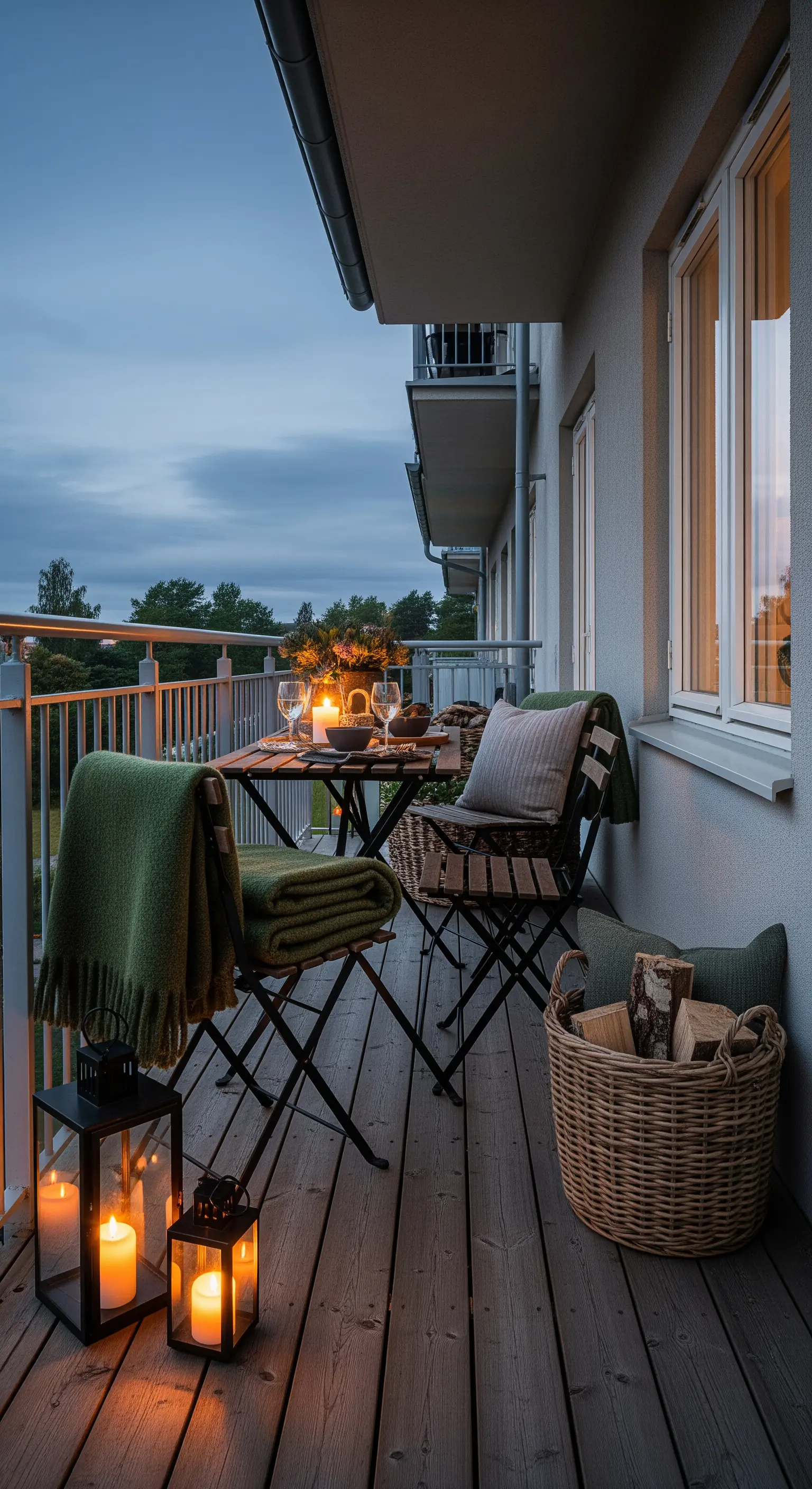 Balcone al crepuscolo illuminato da lanterne e candele, con arredi in legno e coperte verdi.