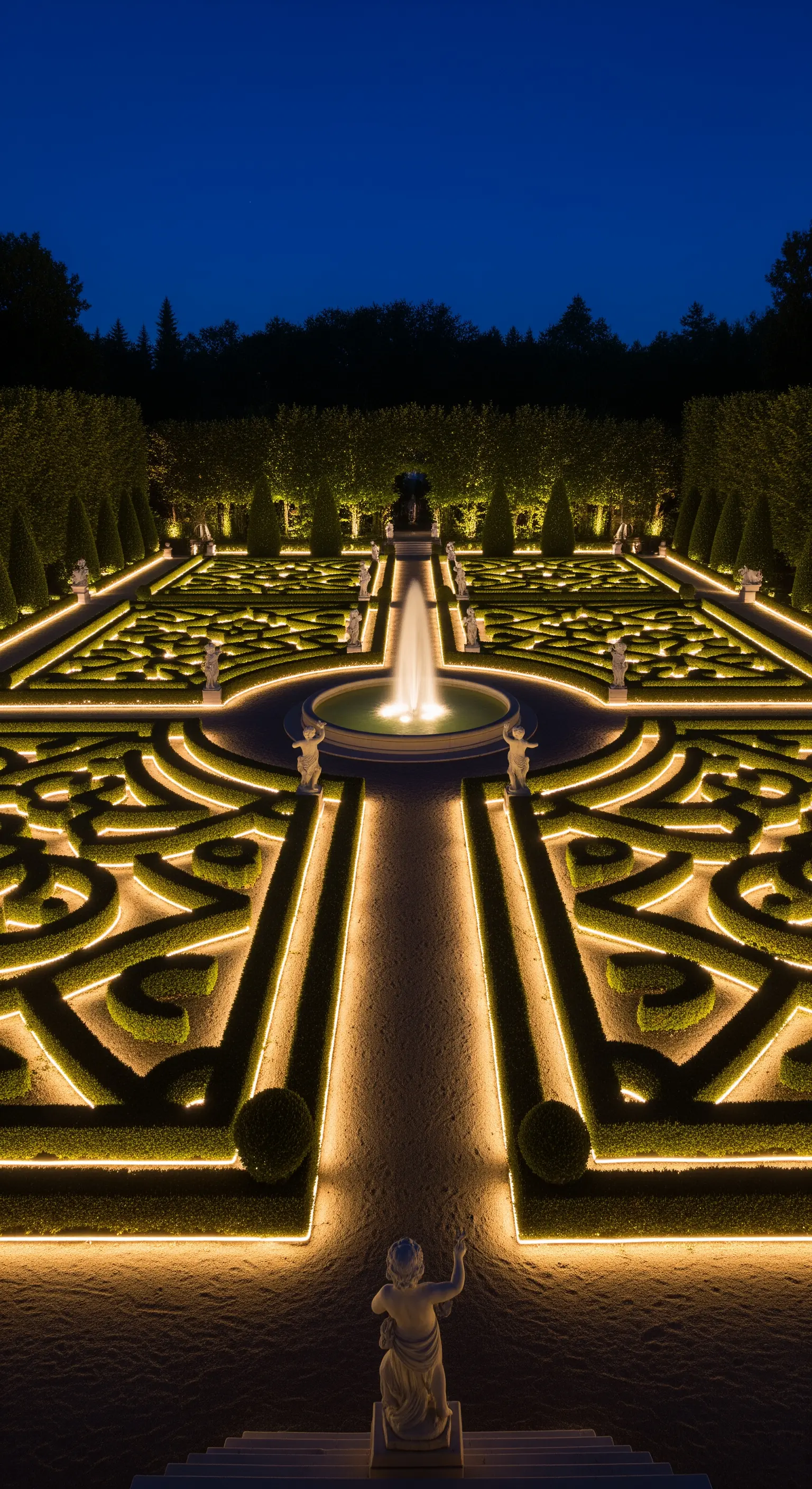 Giardino-labirinto con siepi geometriche i cui bordi sono delineati da strisce di luce LED.