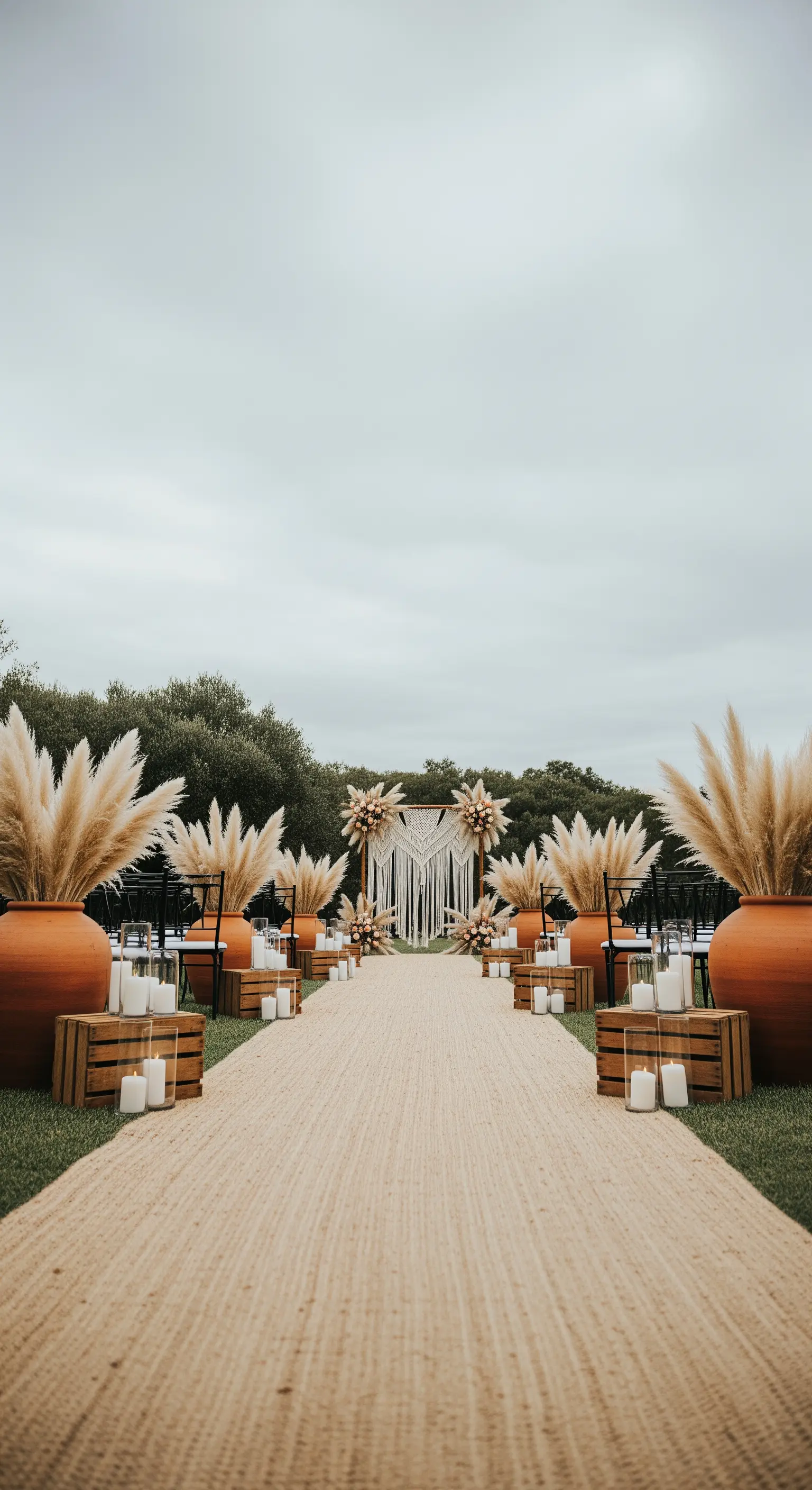 Navata nuziale all'aperto con tappeto in iuta, fiancheggiata da pampas e candele.