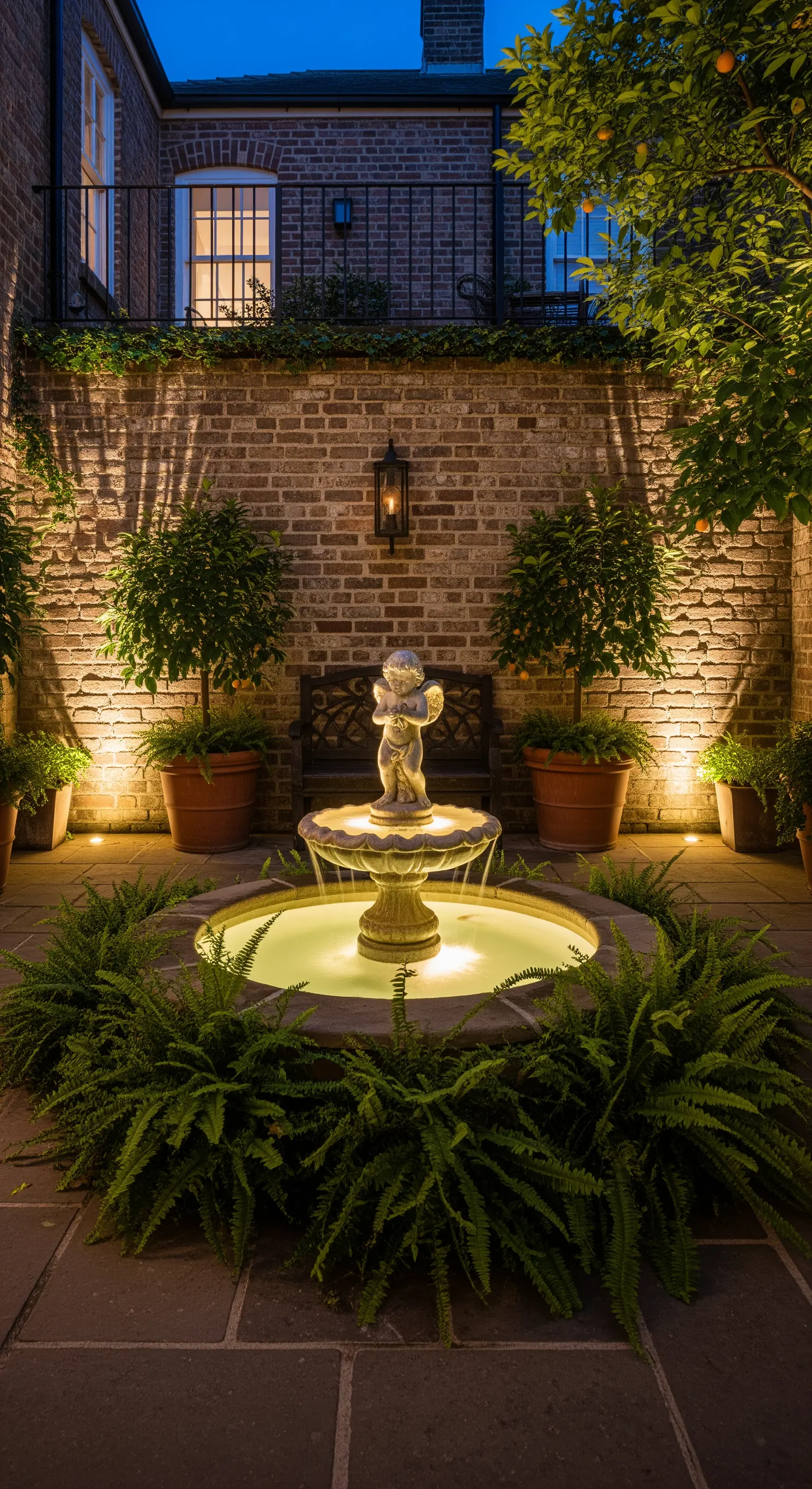 Cortile con parete in mattoni, fontana con statua di putto e piante illuminate dal basso.