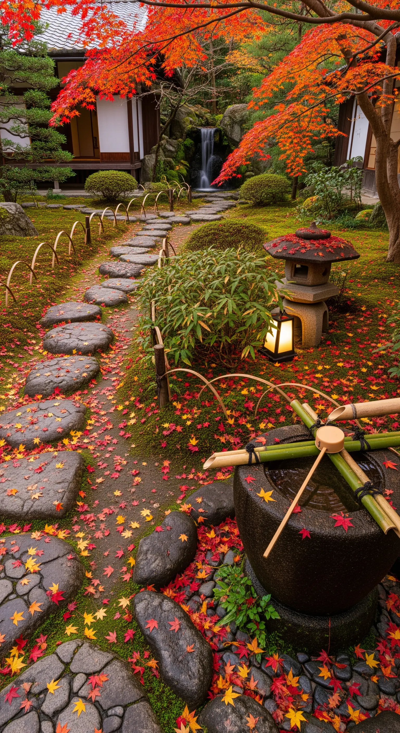 Sentiero di pietre irregolari in un giardino giapponese autunnale con foglie rosse.