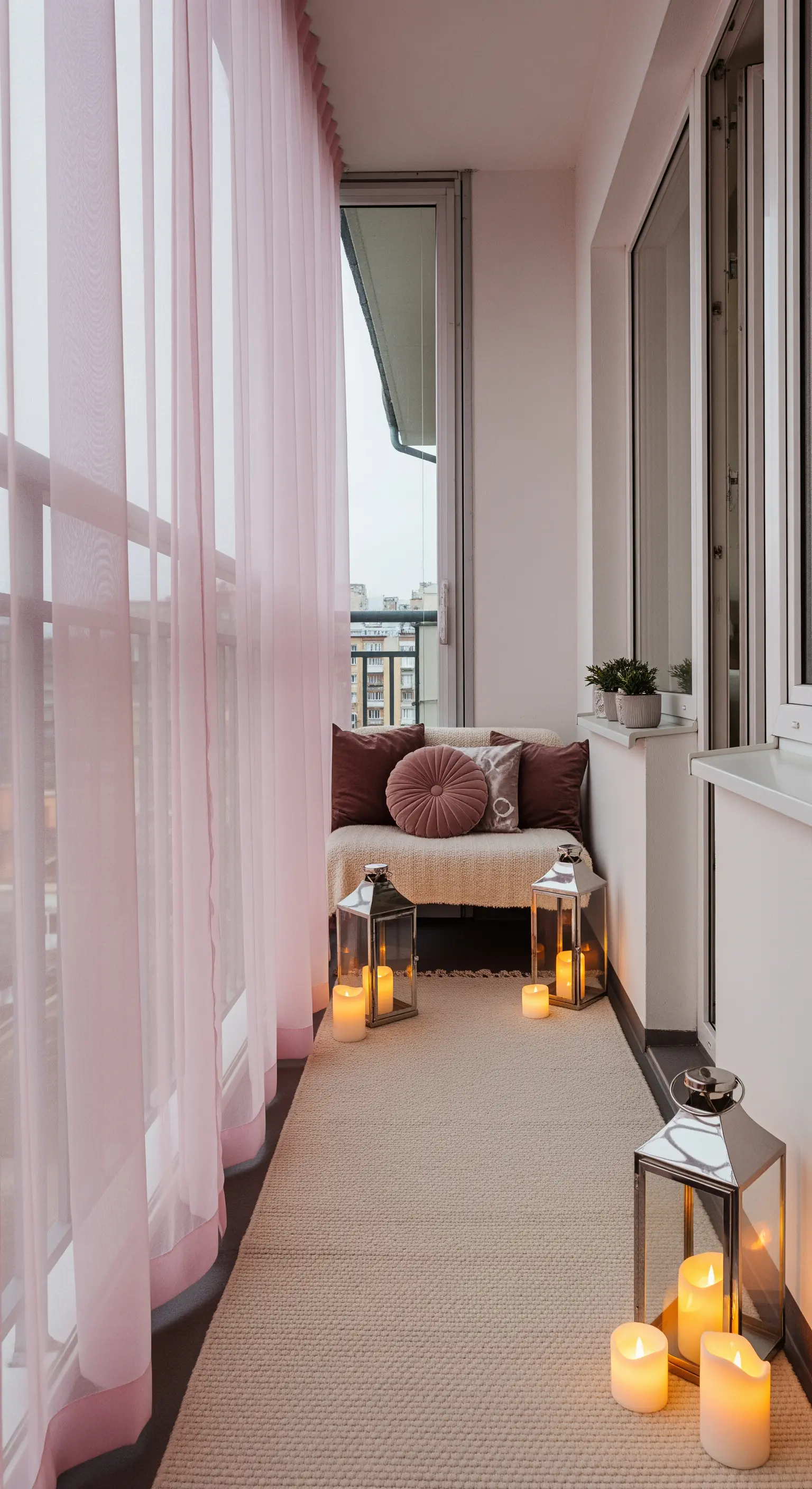 Balcone stretto con runner, panchina, tende rosa e lanterne a terra con candele.