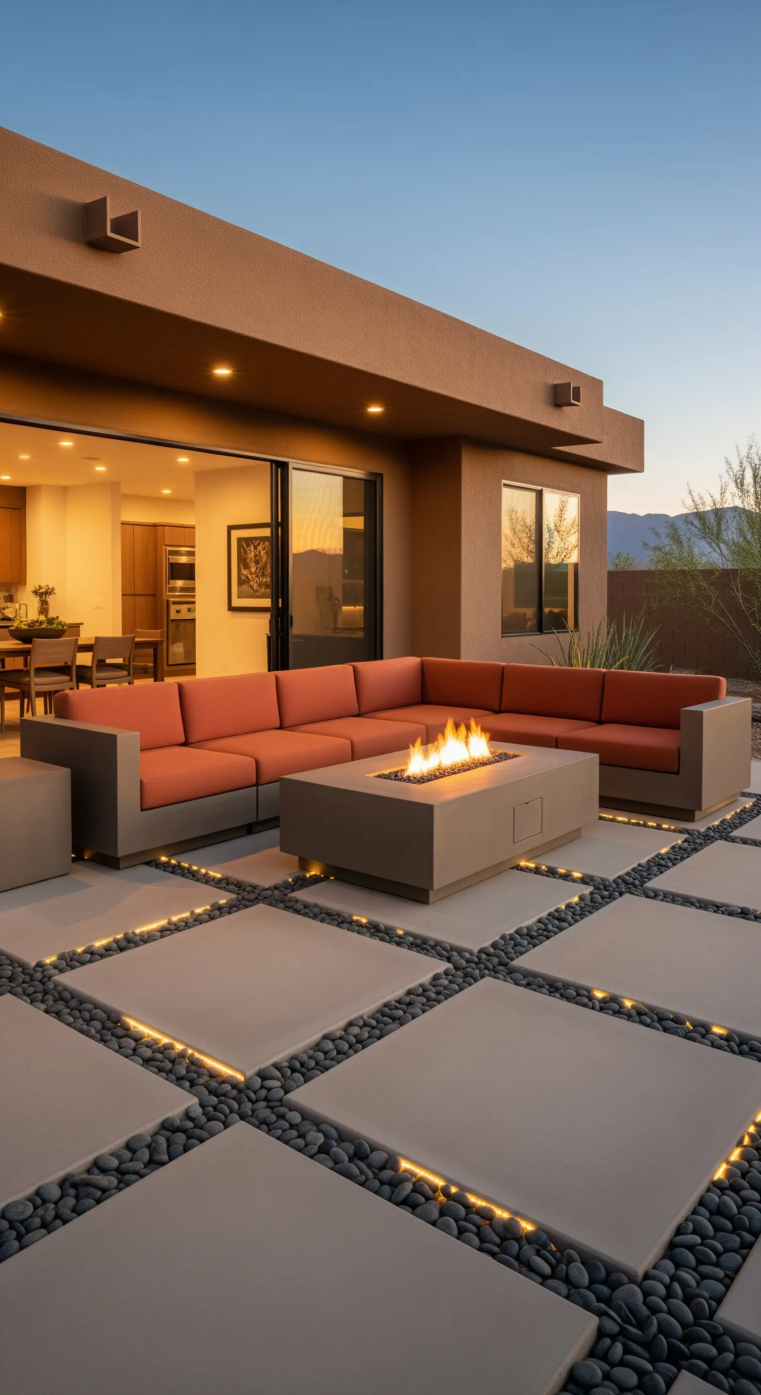 Patio con pavimentazione a griglia di cemento e sassi, con fughe illuminate da strisce LED.