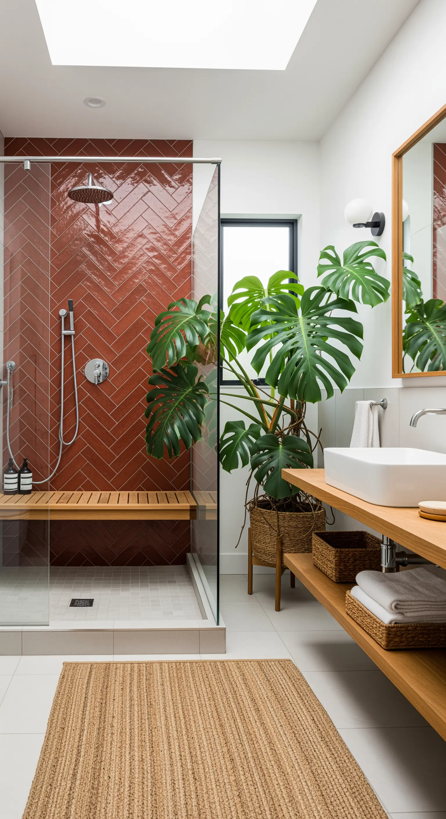 Doccia con parete di piastrelle terracotta a spina di pesce e una grande pianta di Monstera.