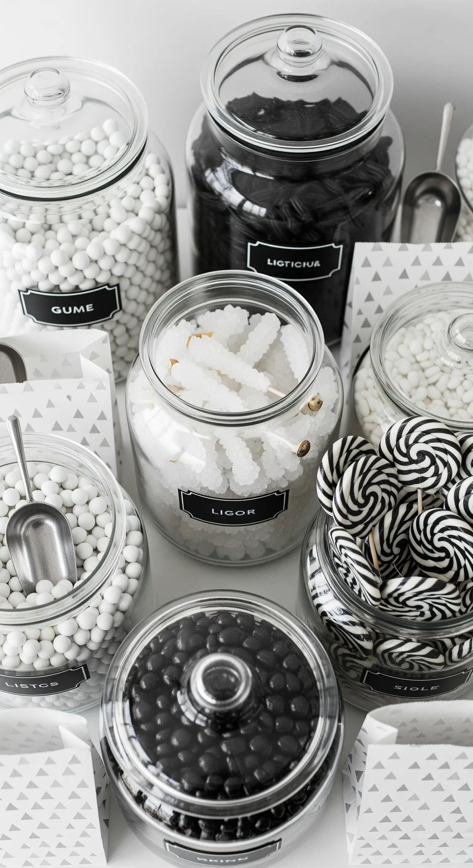 Candy bar in bianco e nero con caramelle e dolci in vasi di vetro.