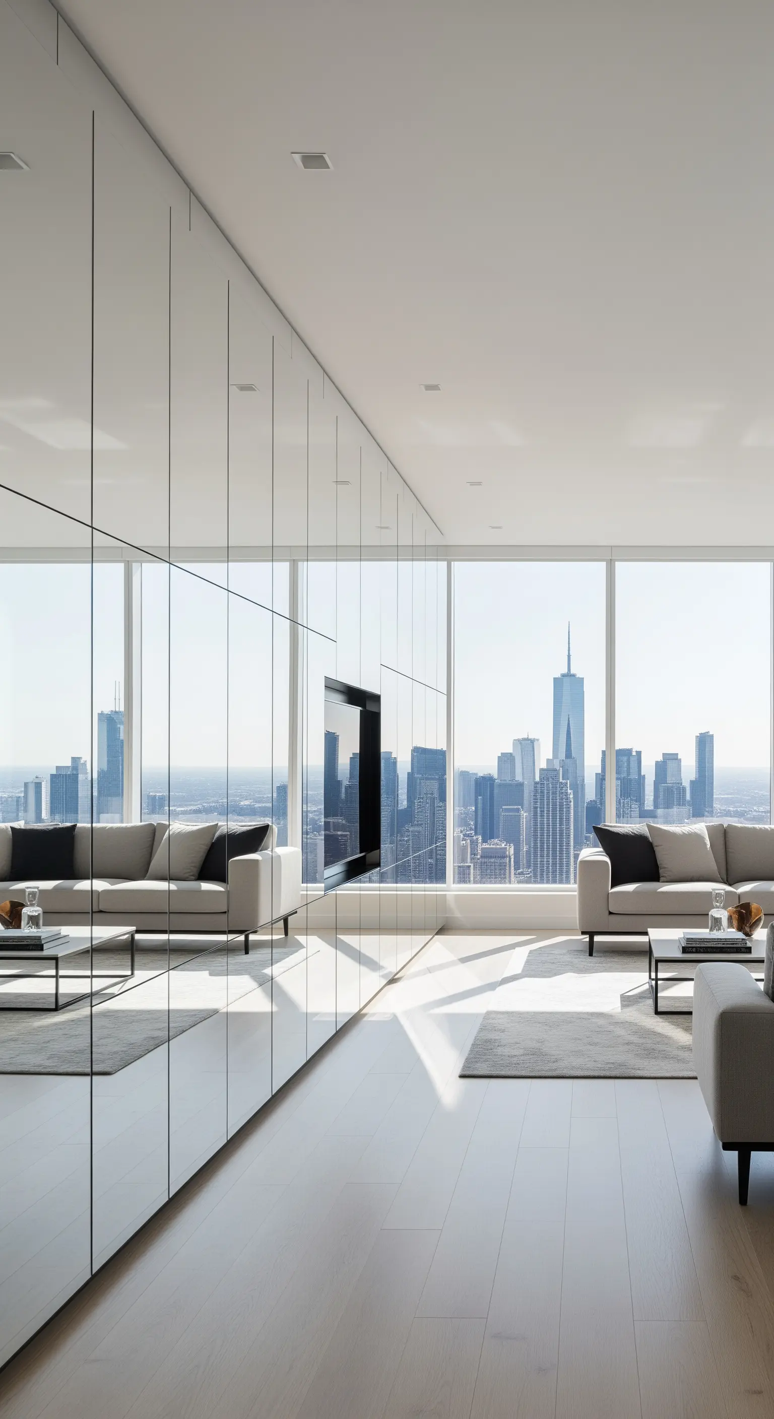 Intera parete a specchio in un grattacielo che riflette lo skyline della città e il soggiorno.