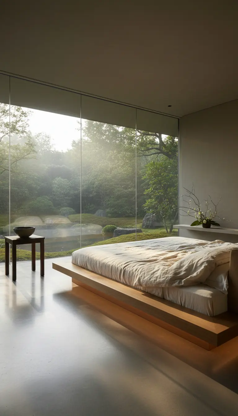 Camera da letto minimalista con letto basso in legno chiaro e vetrata a tutta altezza su un giardino.