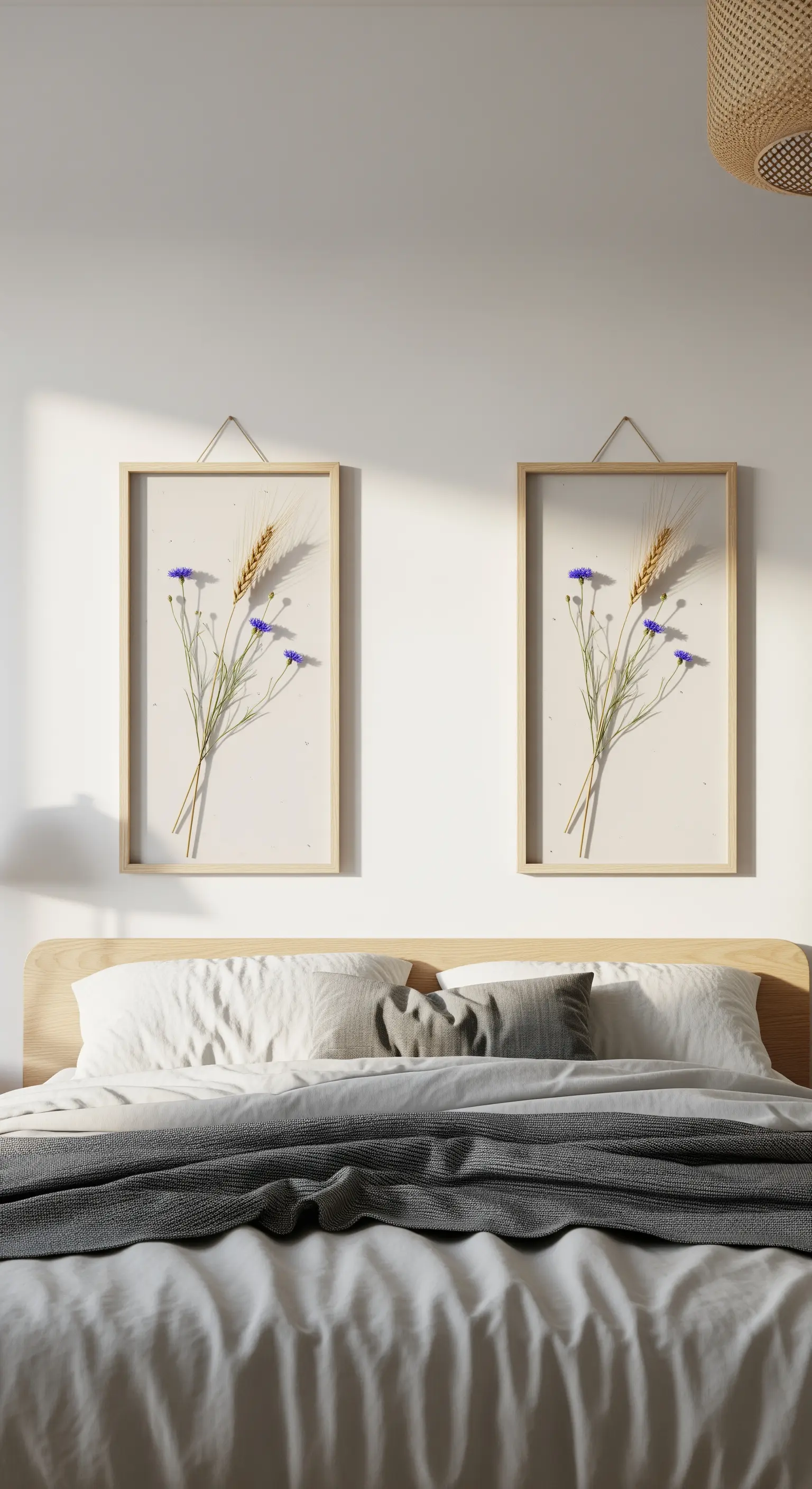 Coppia di quadri con spighe e fiordalisi appesi sopra un letto matrimoniale.
