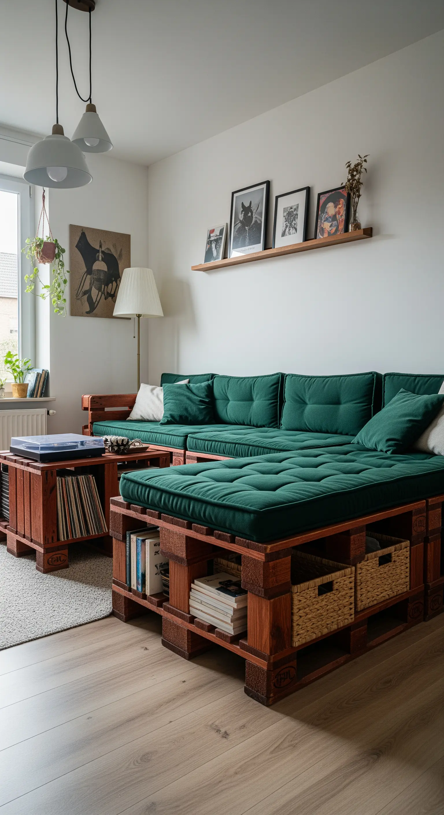 Divano angolare in pallet tinti di scuro con cuscini verdi e vani portaoggetti.