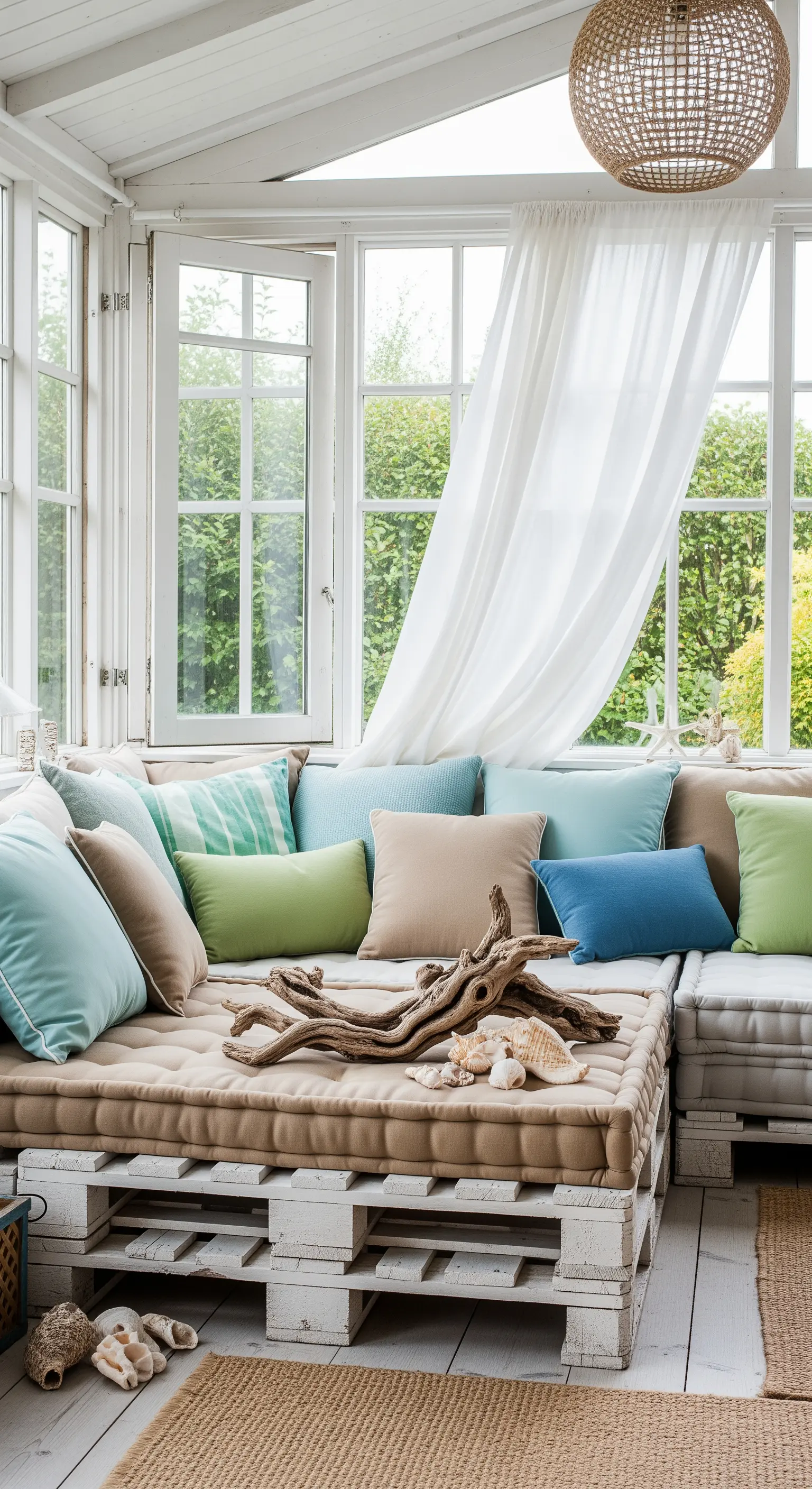 Divano angolare in pallet bianchi in una veranda luminosa, con cuscini color sabbia e blu.