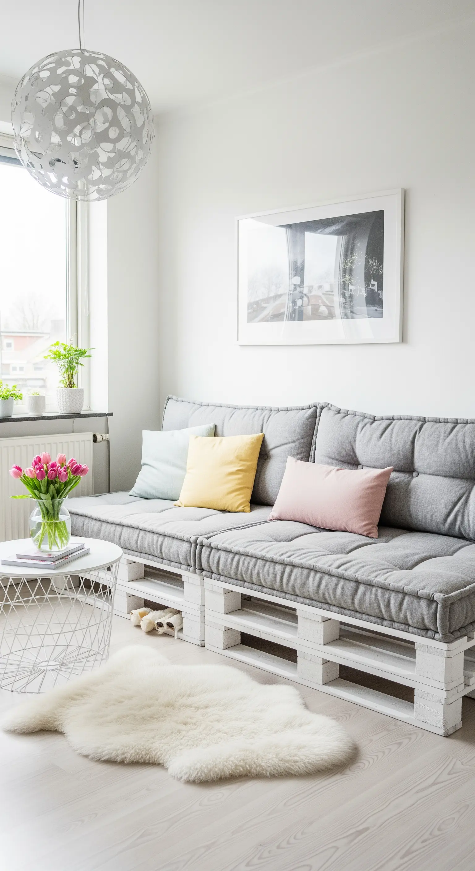 Divano in pallet bianco con cuscini grigi in un salotto luminoso in stile scandinavo.