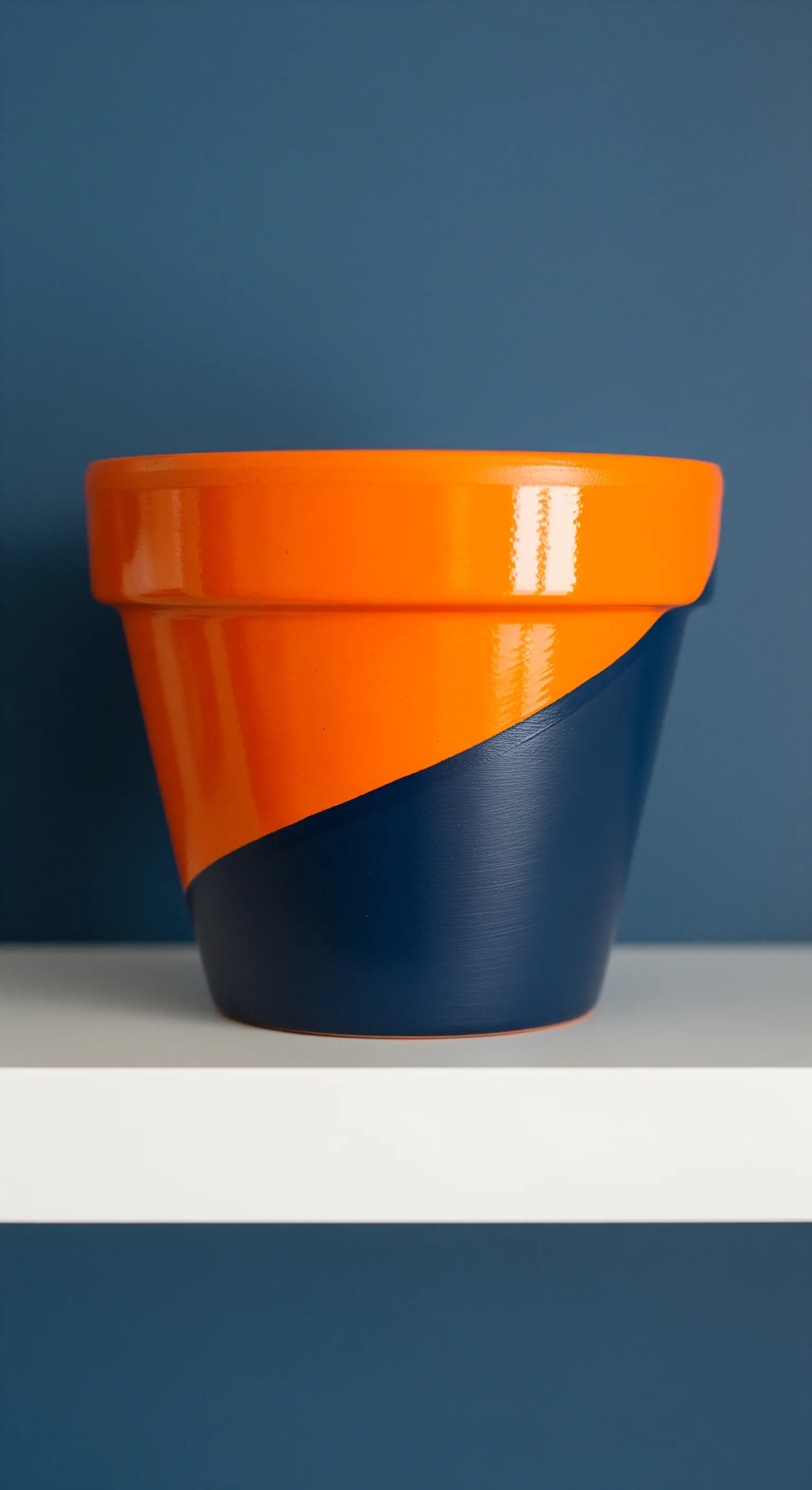 Vaso di terracotta bicolore, diviso diagonalmente in arancione lucido e blu navy opaco.