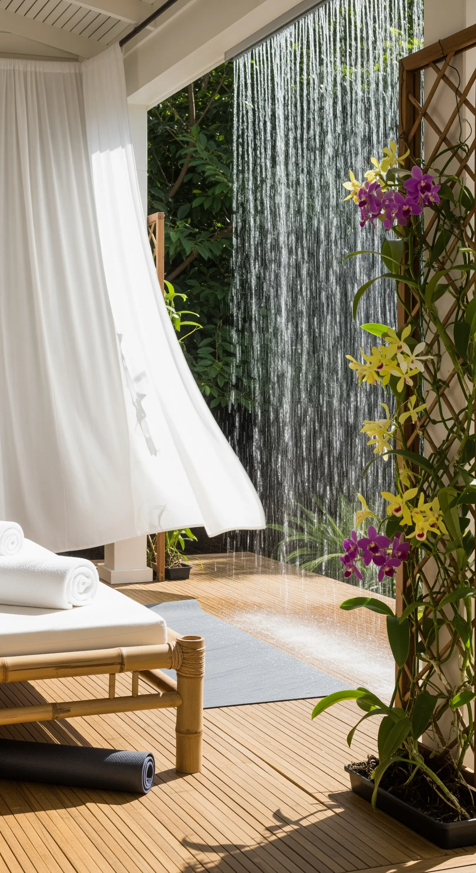 Area doccia esterna con getto a cascata, lettino in bambù e tende bianche leggere.