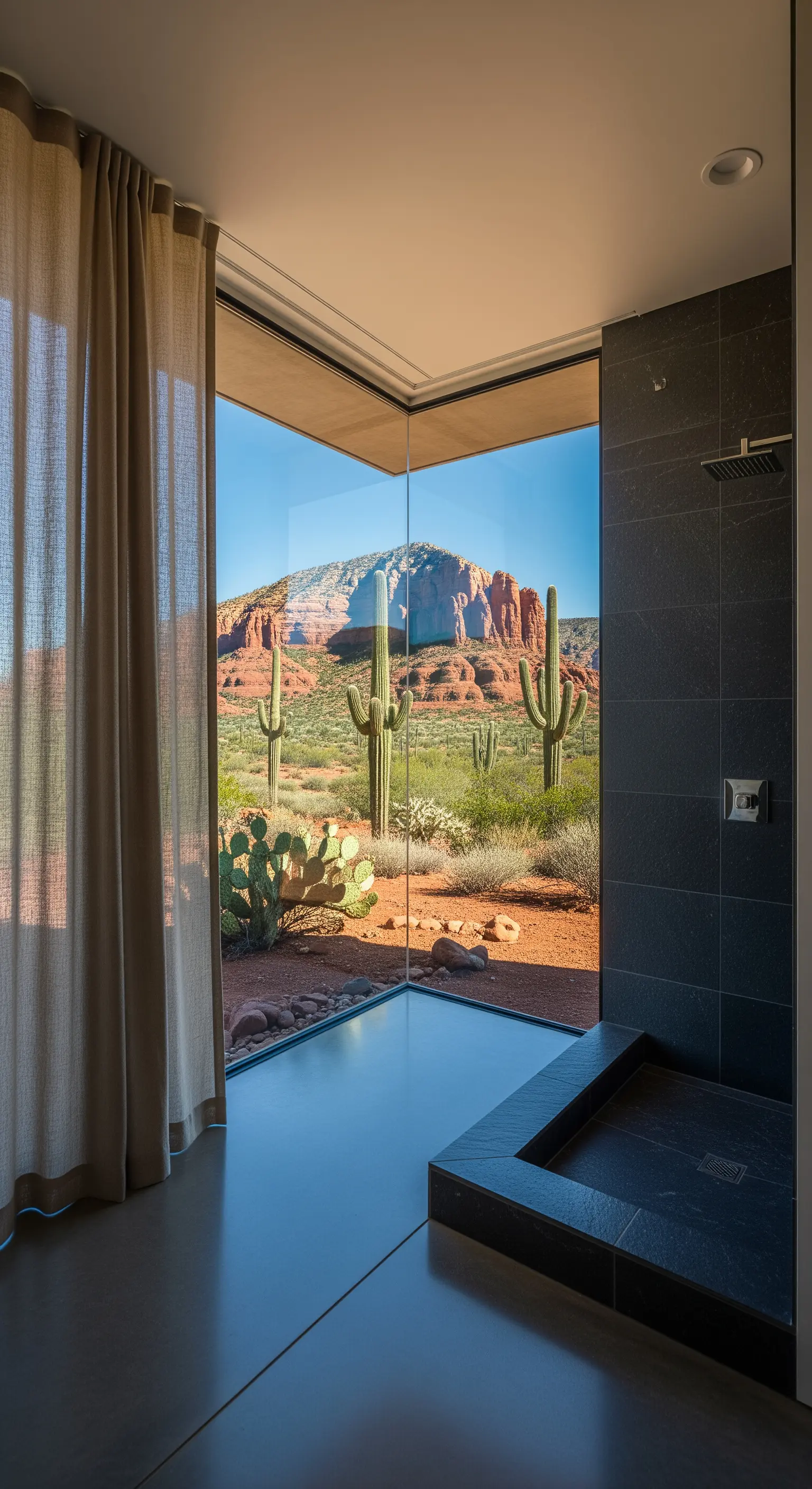 Doccia angolare in vetro con vista panoramica su un paesaggio desertico con cactus.