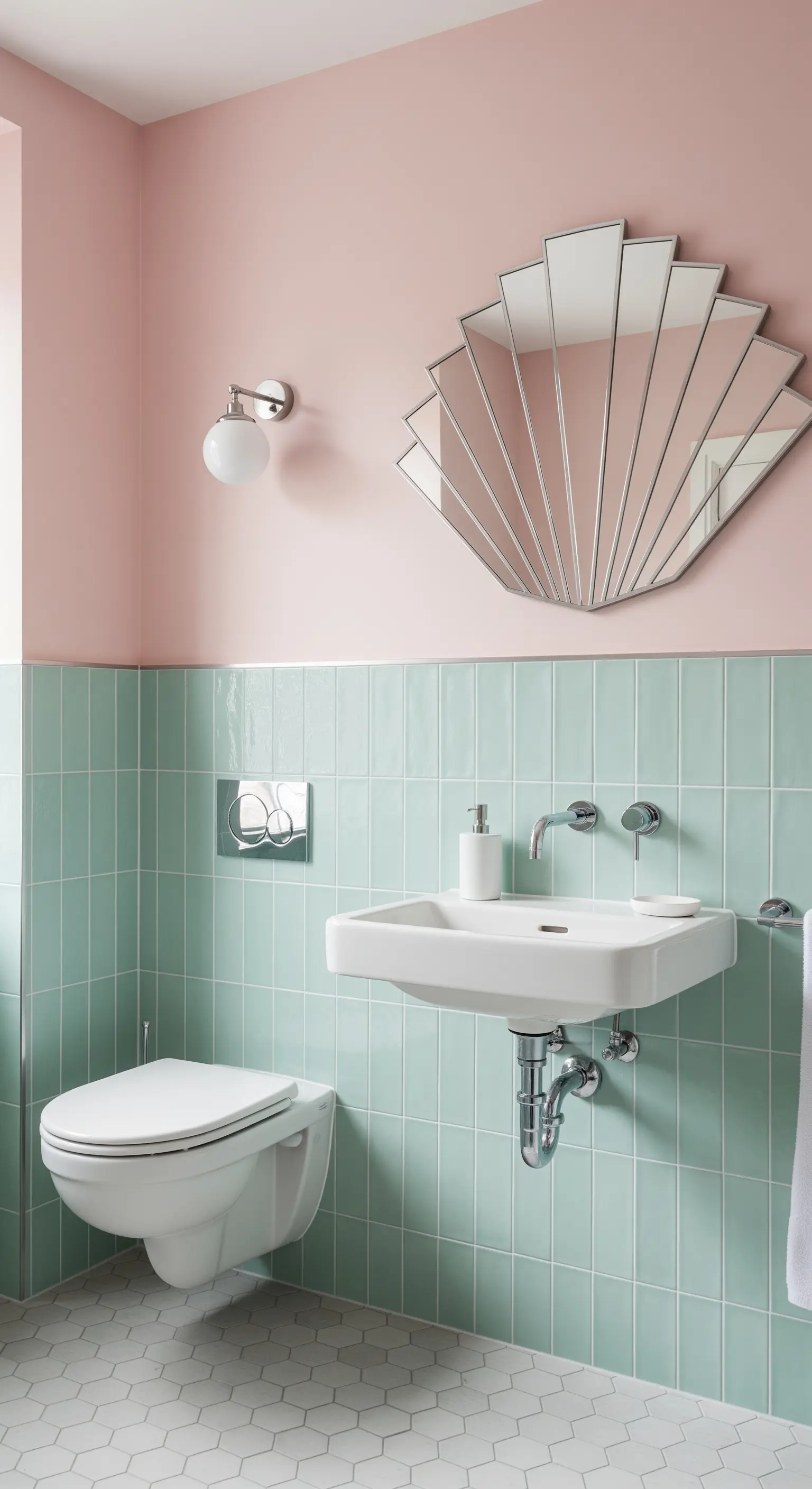 Bagno in stile Art Deco con piastrelle color menta, pareti rosa e specchio a ventaglio.