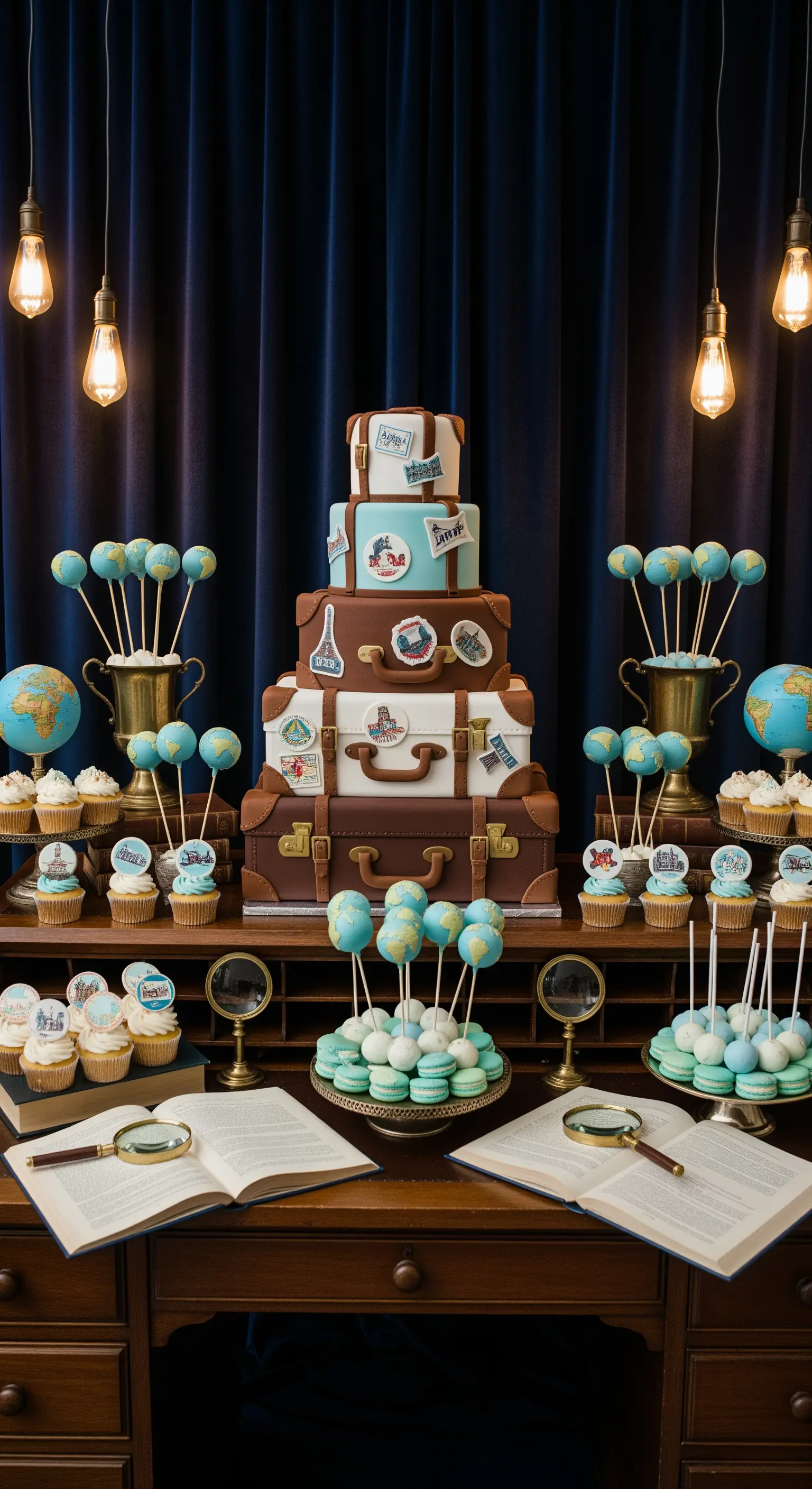 Sweet table a tema viaggio con torta a forma di valigie, cupcakes e mappamondi.