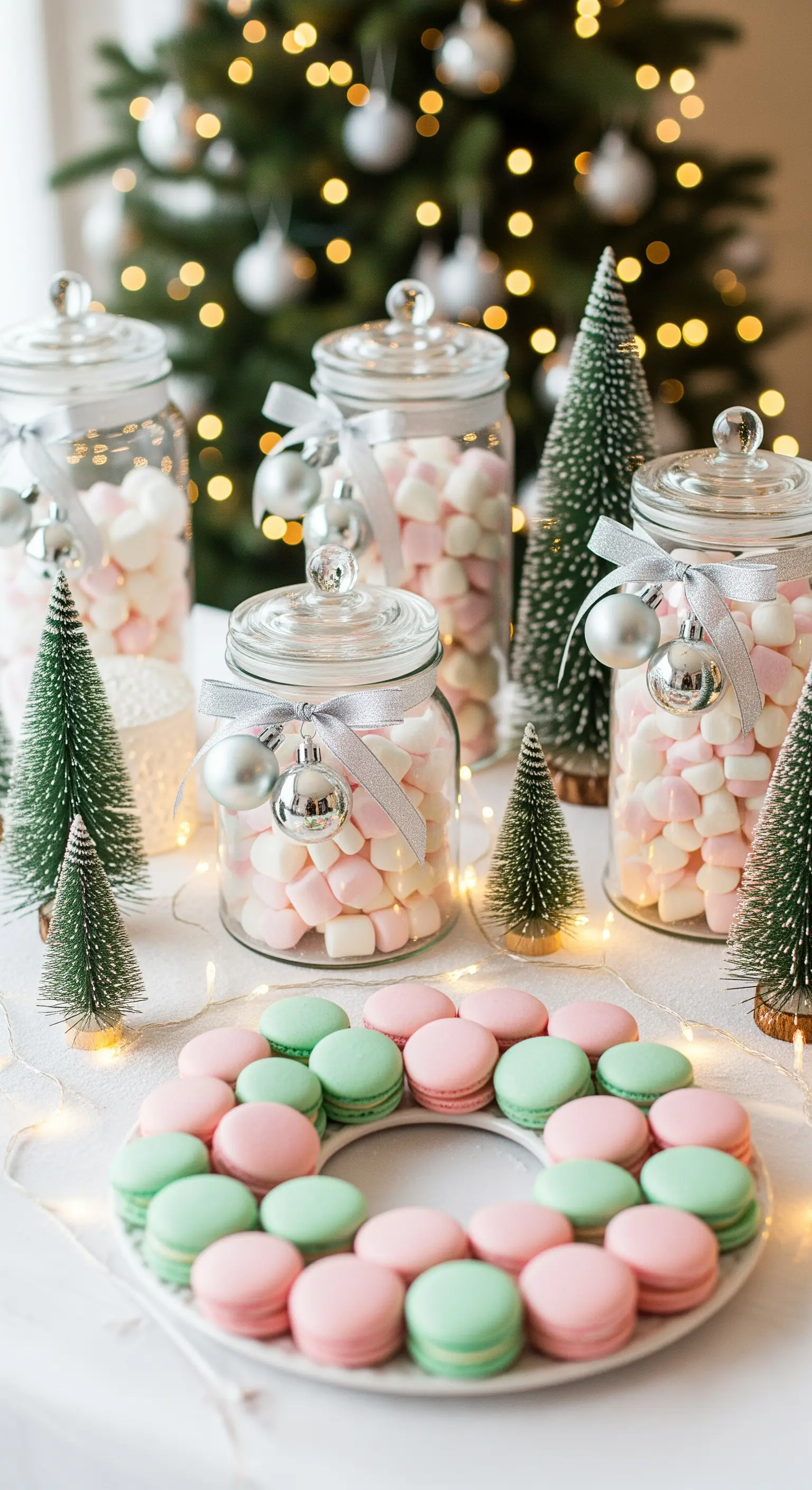 Allestimento natalizio con ghirlanda di macarons rosa e verdi, e marshmallow in barattoli decorati.