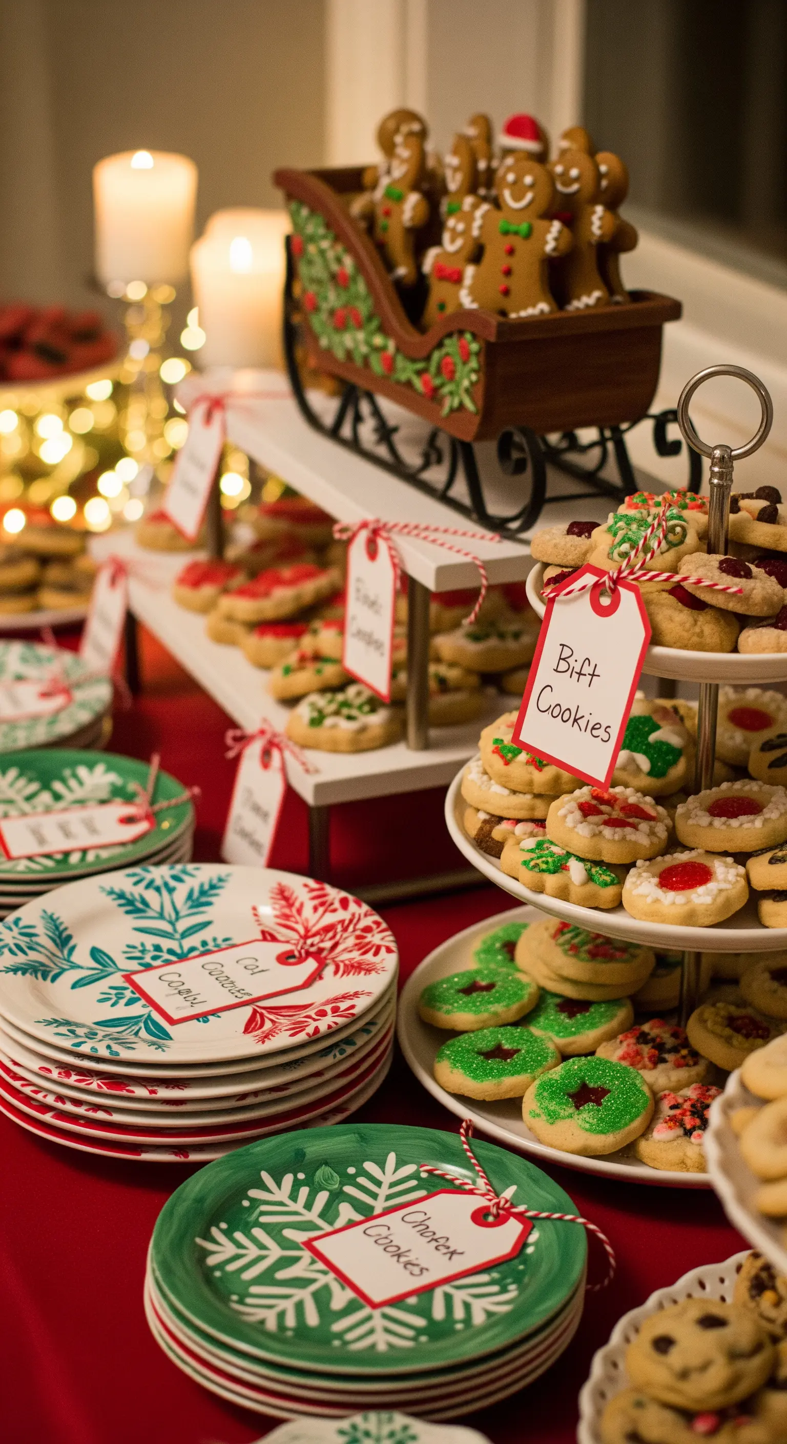 Buffet natalizio con biscotti decorati, piatti a tema rosso e verde, e luci sullo sfondo.