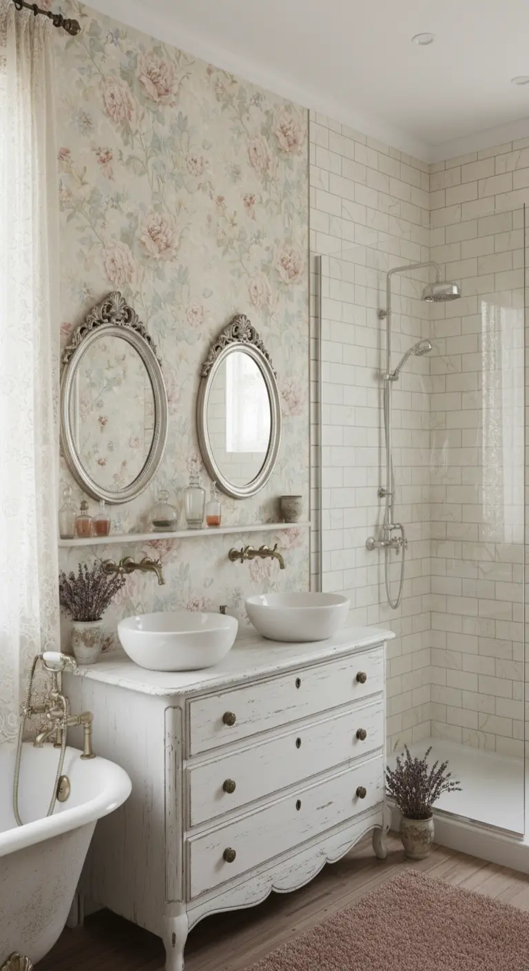Bagno vintage con carta da parati floreale, cassettone bianco usato come mobile lavabo e specchi ovali.