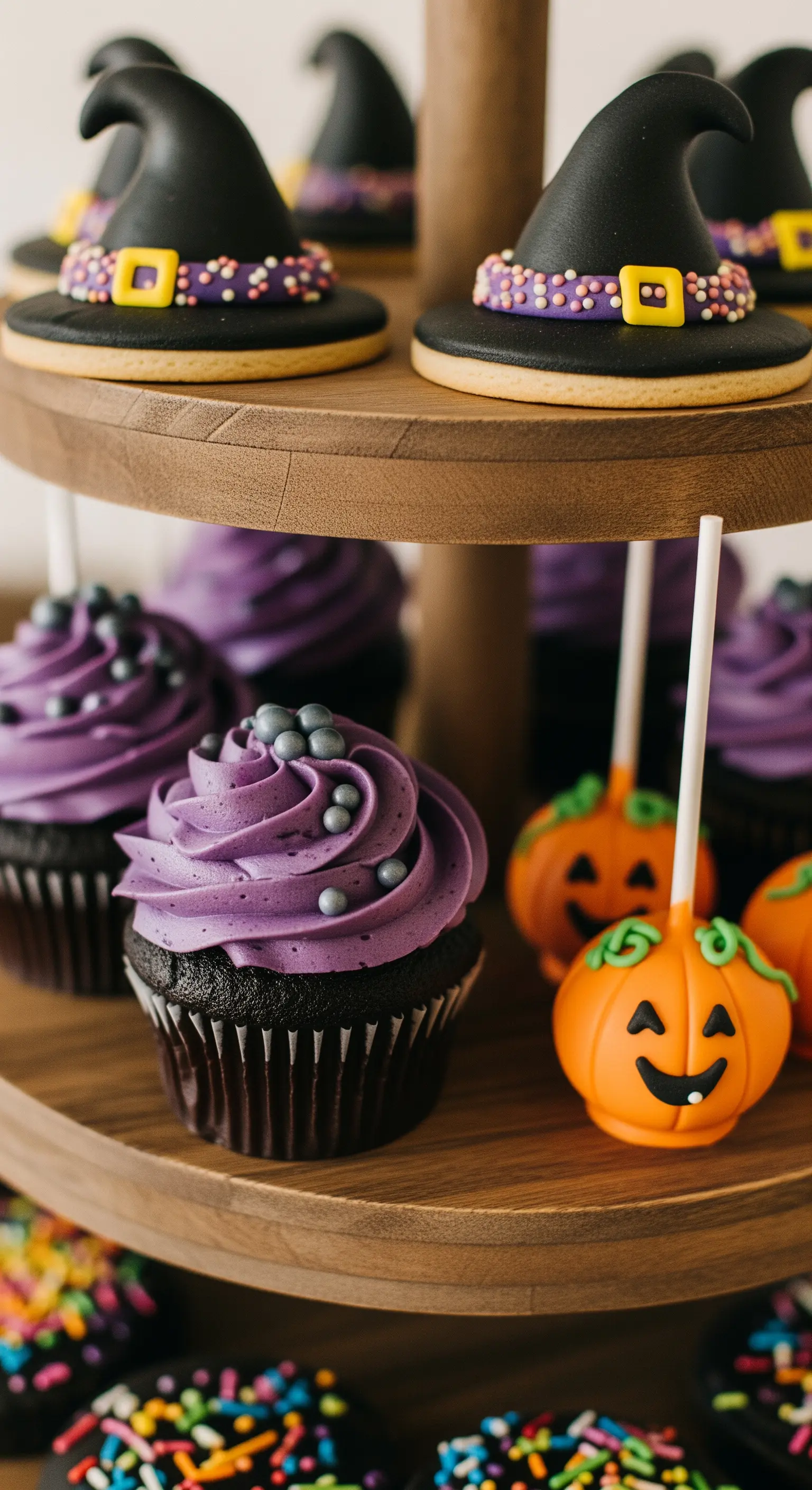 Alzatina in legno con cupcake viola, cake pop a forma di zucca e biscotti a cappello di strega.