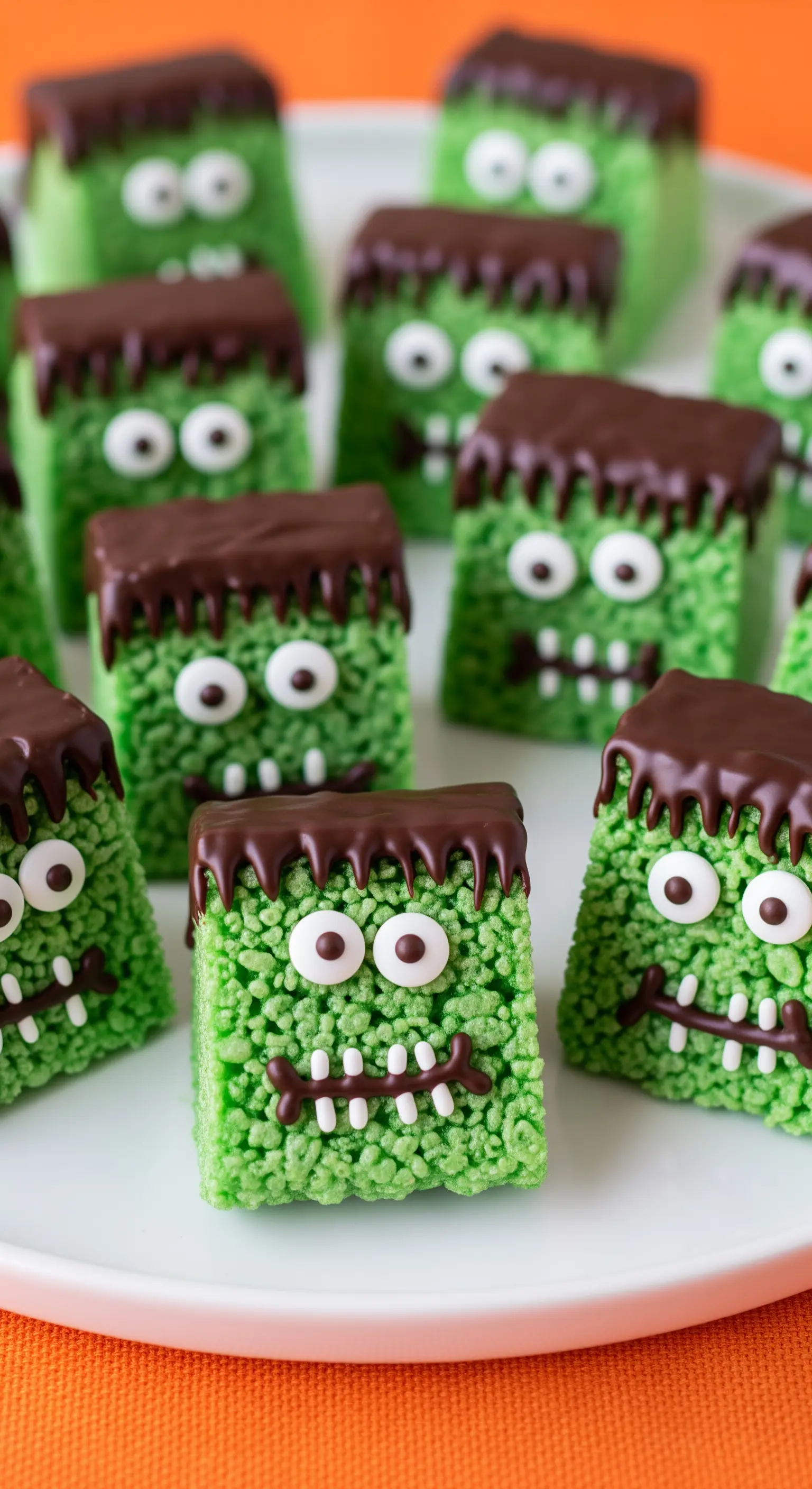 Dolcetti di riso soffiato verdi decorati per assomigliare al mostro di Frankenstein.